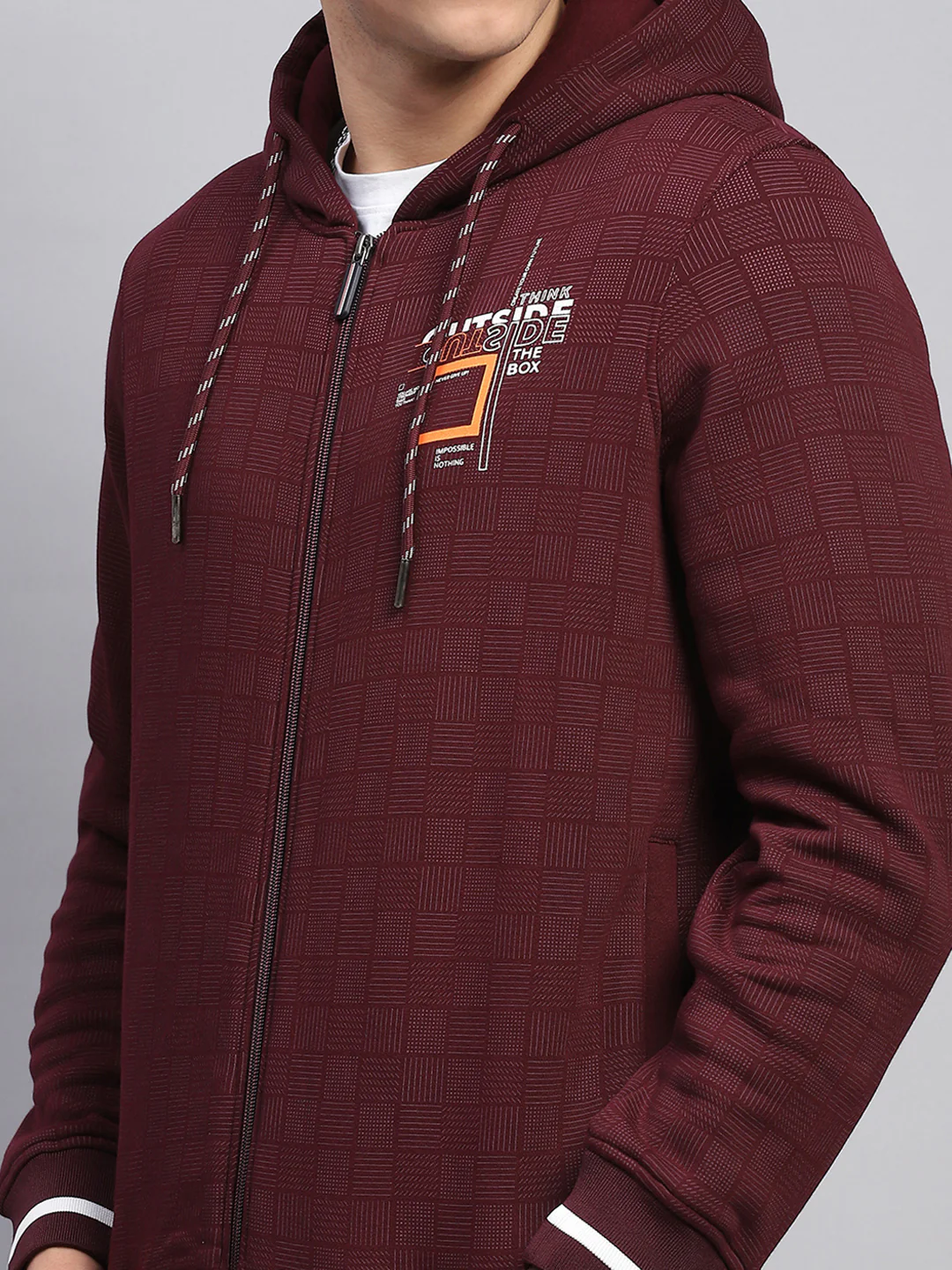 Men Maroon Printed Hooded Full Sleeve Sweatshirt - Image 7