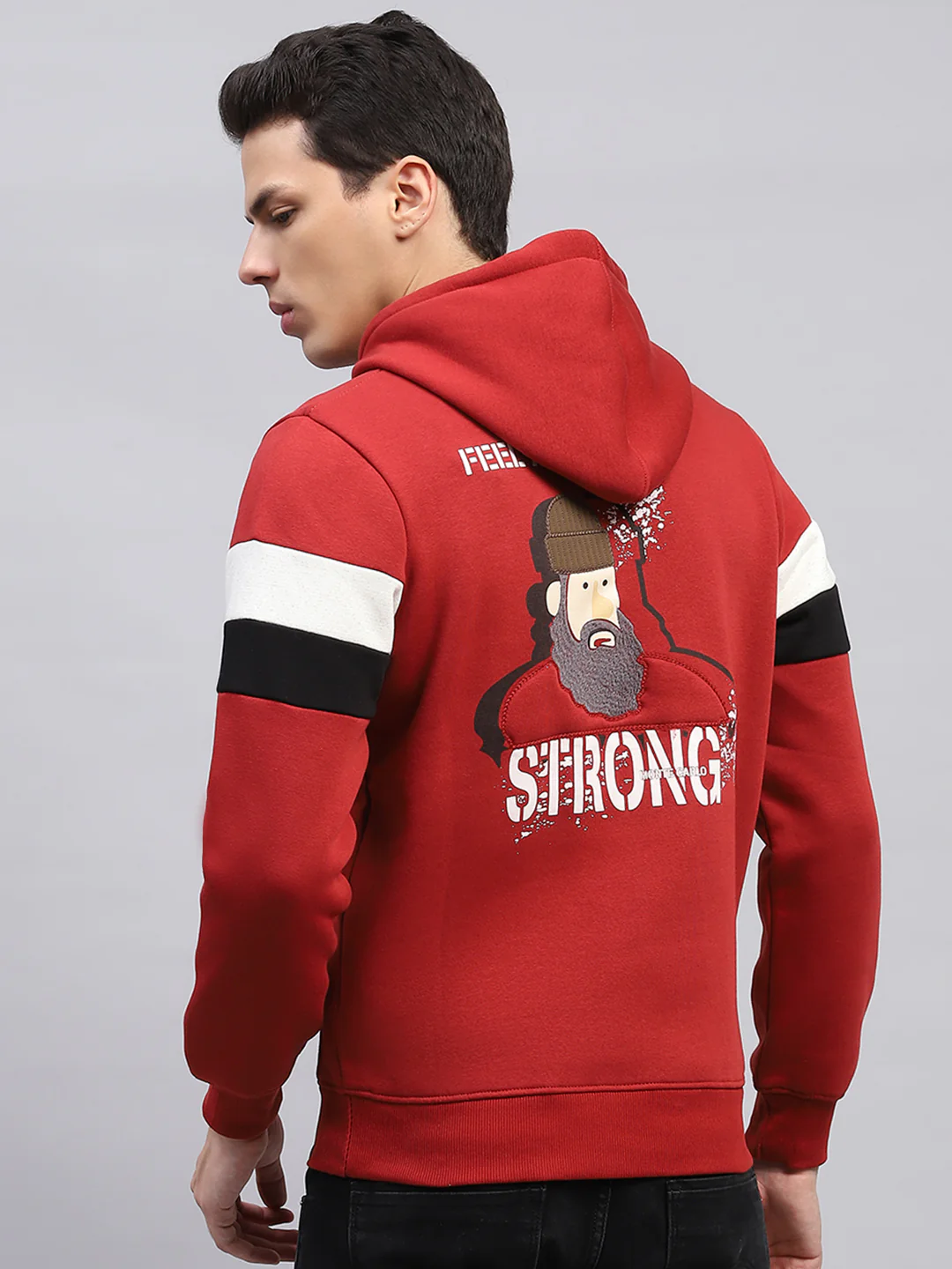 Men Maroon Printed Hooded Full Sleeve Sweatshirt - Image 5