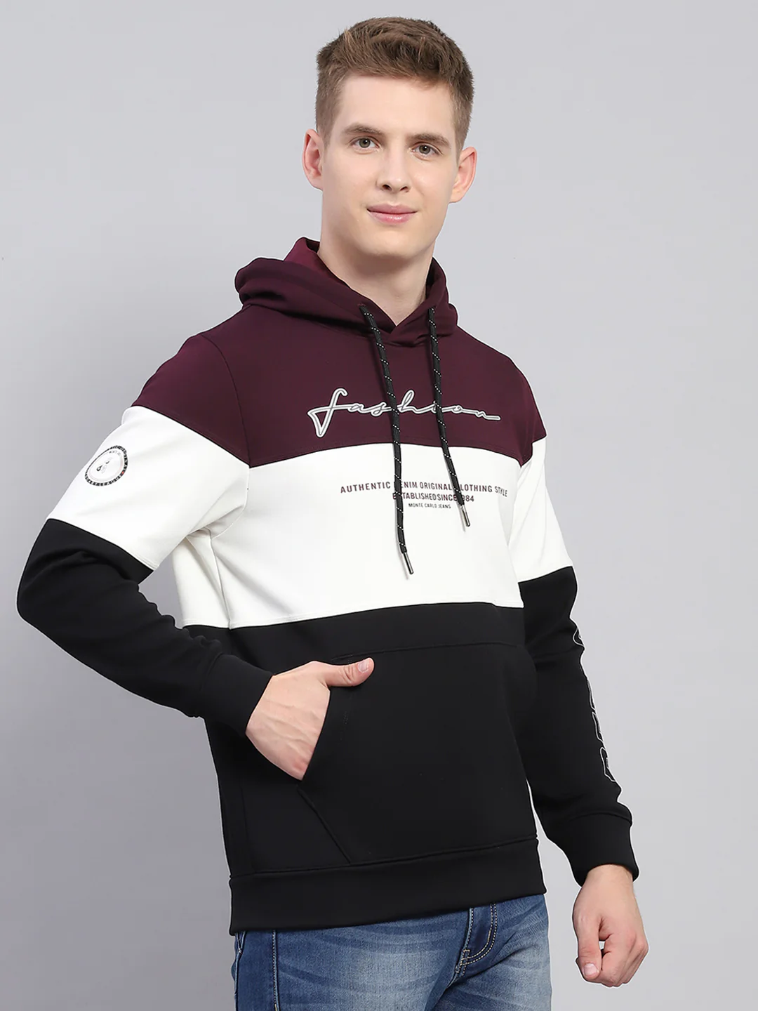 Men Maroon Printed Hooded Full Sleeve Sweatshirt - Image 4