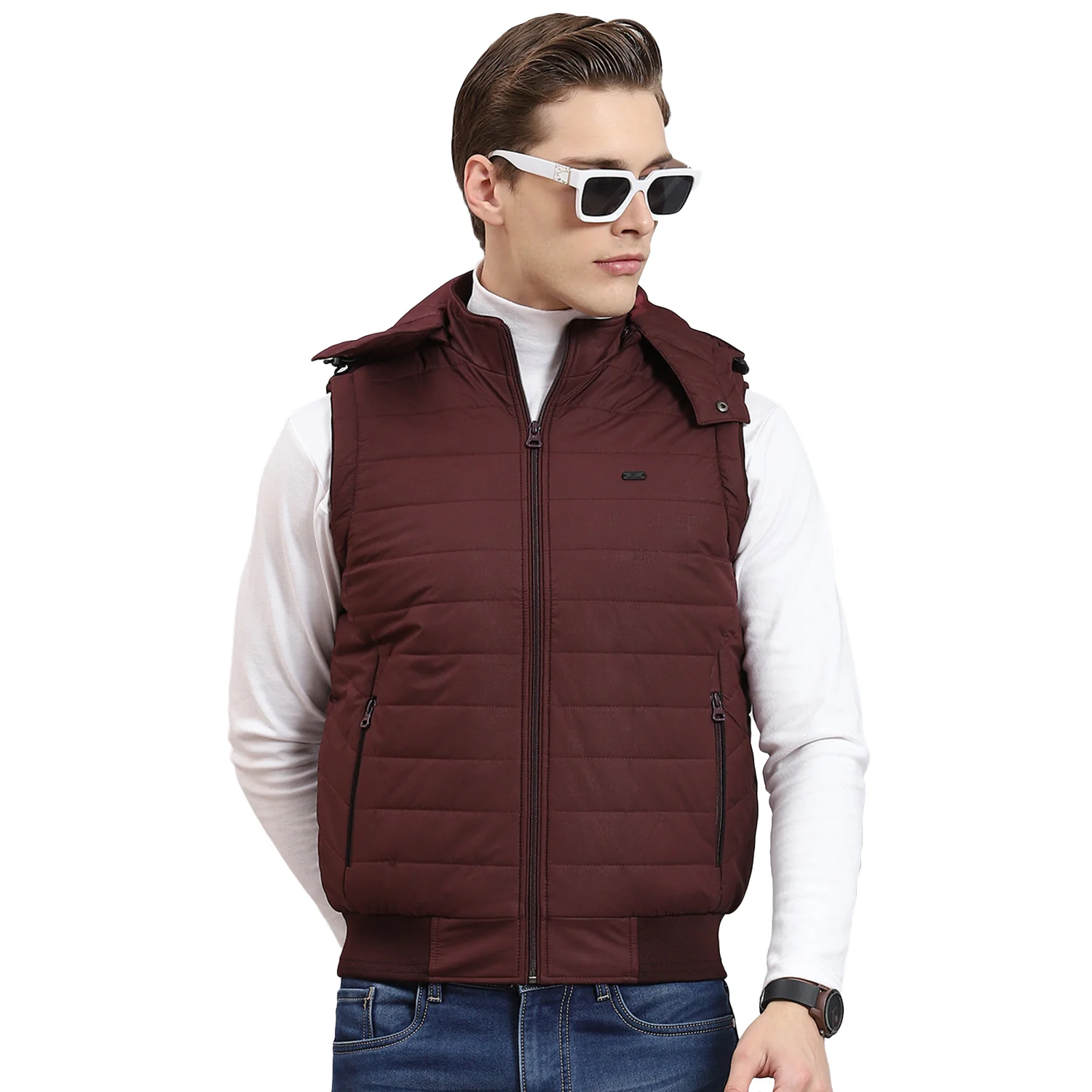 Men Maroon Printed Hooded Sleeveless Jacket - Image 5