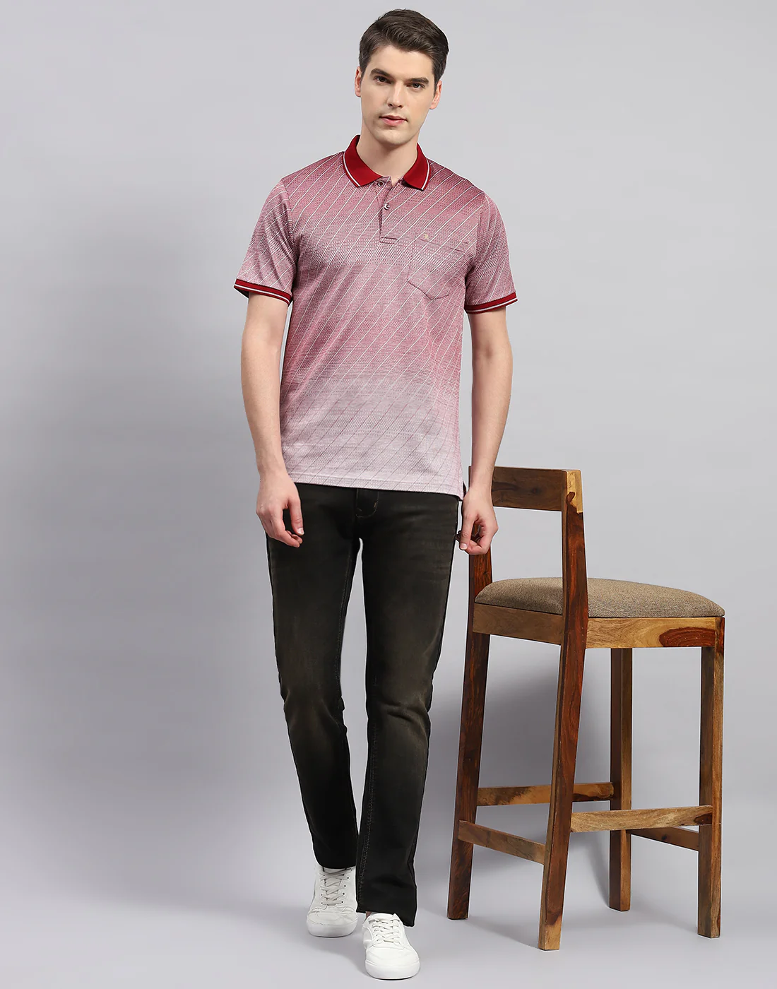 Men Maroon Printed Polo Collar Half Sleeve T-Shirt - Image 2