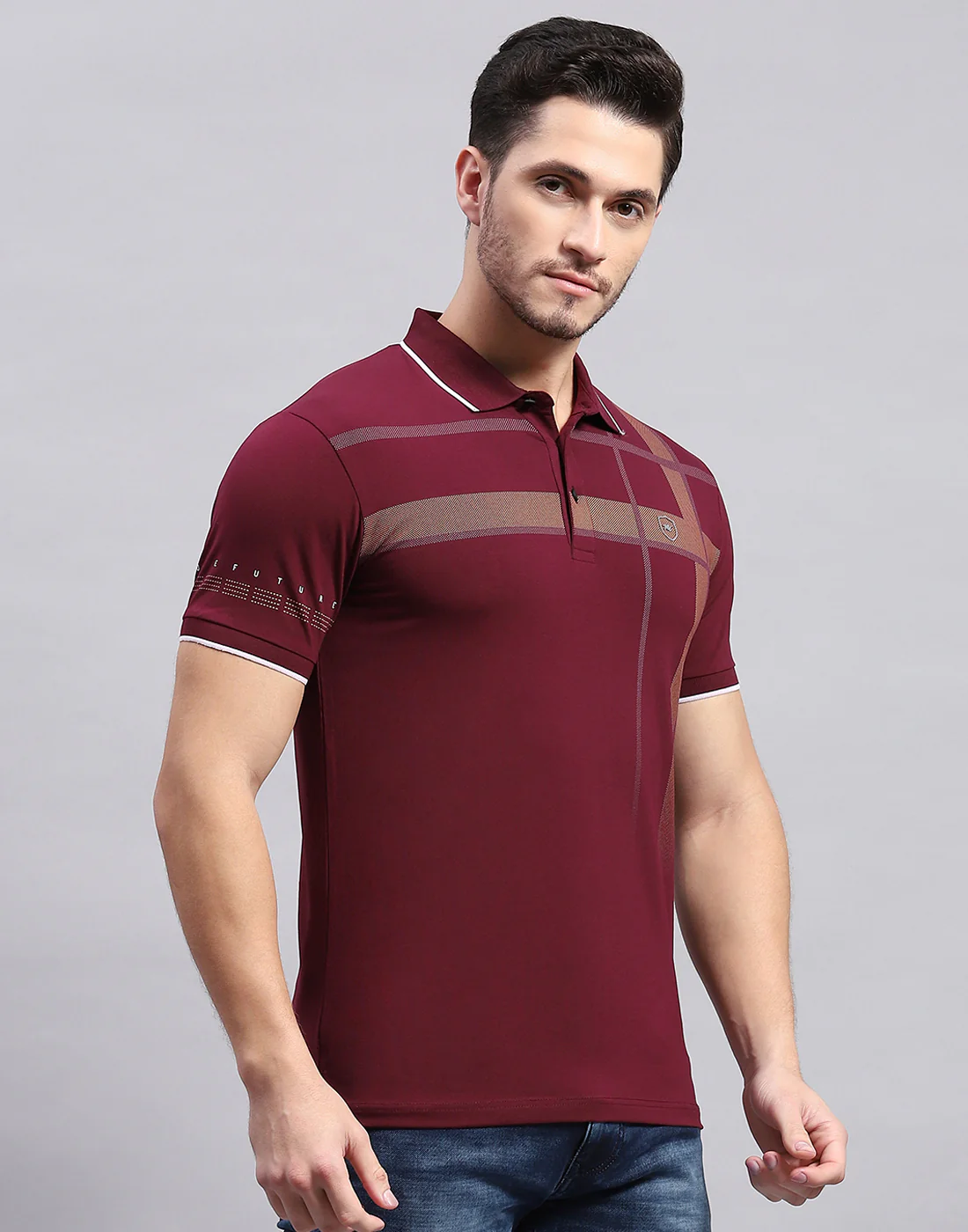 Men Maroon Printed Polo Collar Half Sleeve T-Shirt - Image 4