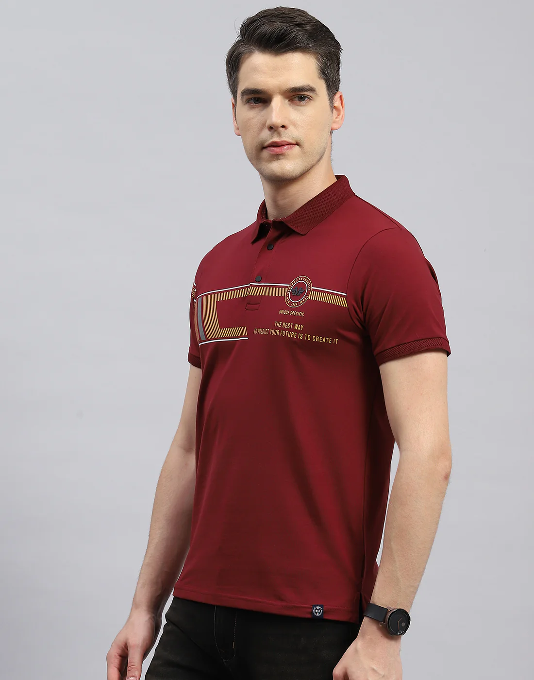 Men Maroon Printed Polo Collar Half Sleeve T-Shirt - Image 3