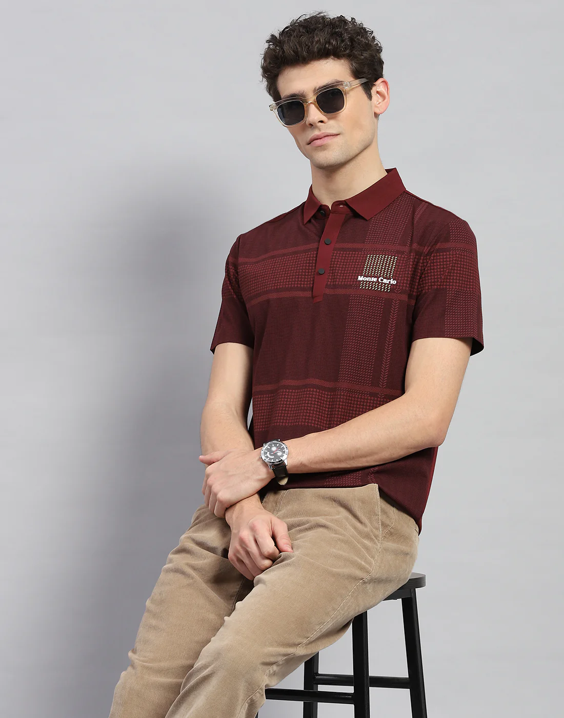 Men Maroon Printed Polo Collar Half Sleeve T-Shirt - Image 2