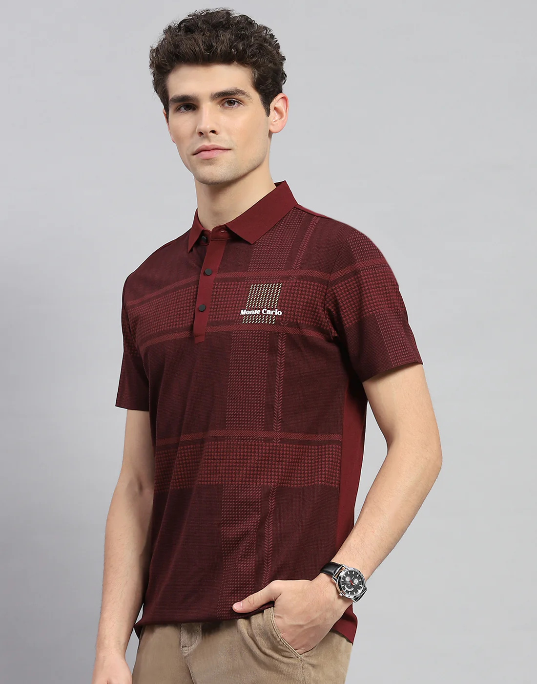 Men Maroon Printed Polo Collar Half Sleeve T-Shirt - Image 3