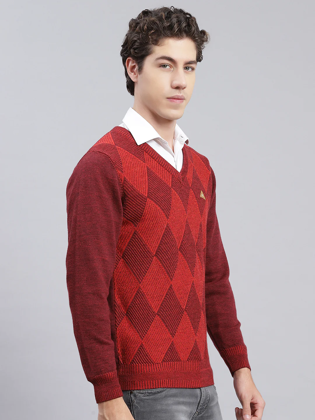 Men Maroon Printed Pure wool Pullover - Image 2