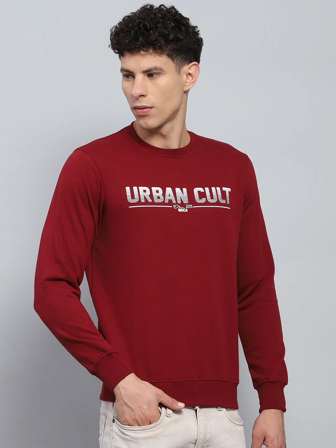 Men Maroon Printed Round Neck Full Sleeve Sweatshirt - Image 4