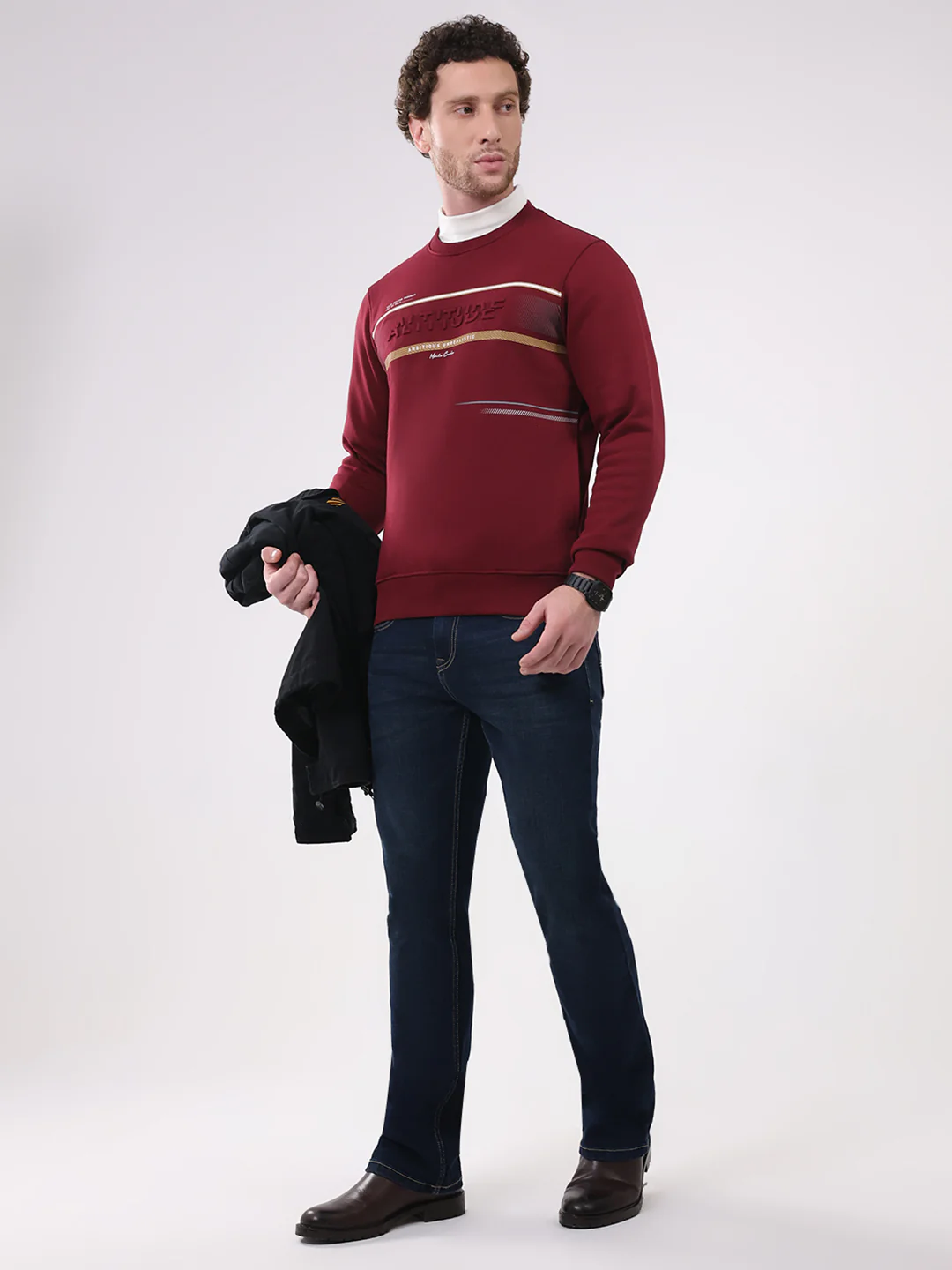 Men Maroon Printed Round Neck Full Sleeve Sweatshirt - Image 2