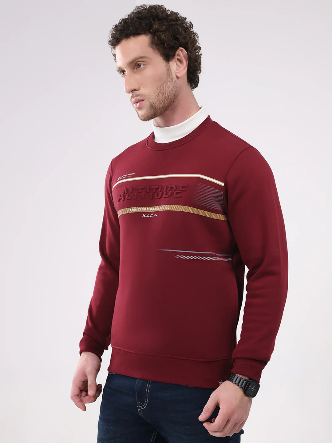 Men Maroon Printed Round Neck Full Sleeve Sweatshirt - Image 3