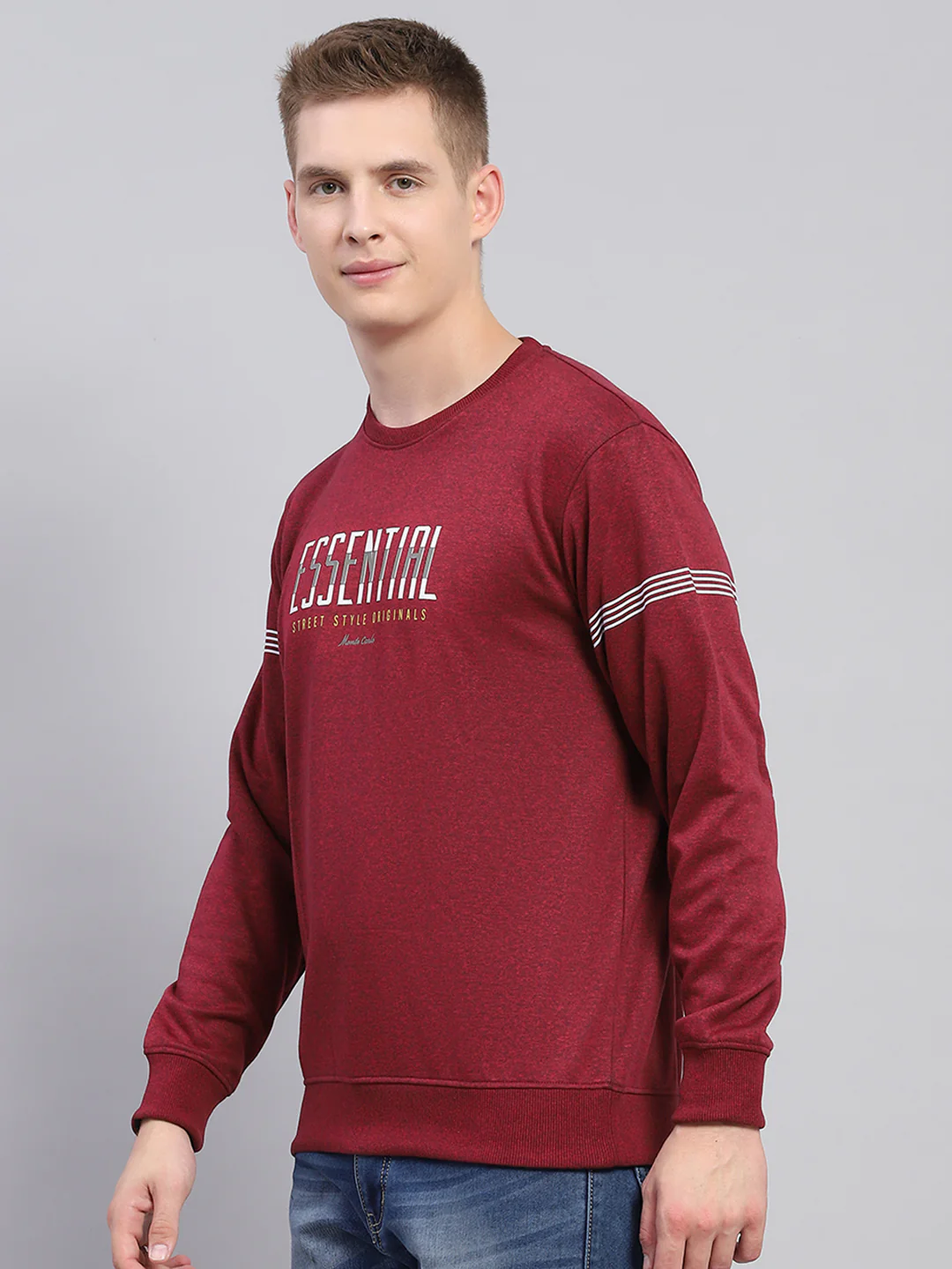 Men Maroon Printed Round Neck Full Sleeve Winter T-Shirt - Image 3