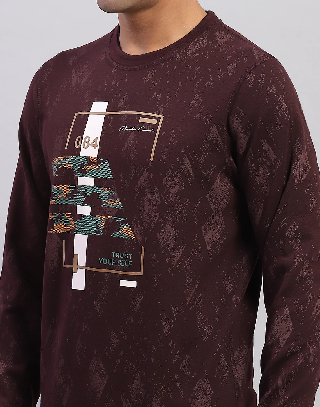 Men Maroon Printed Round Neck Full Sleeve Winter T-Shirt - Image 6