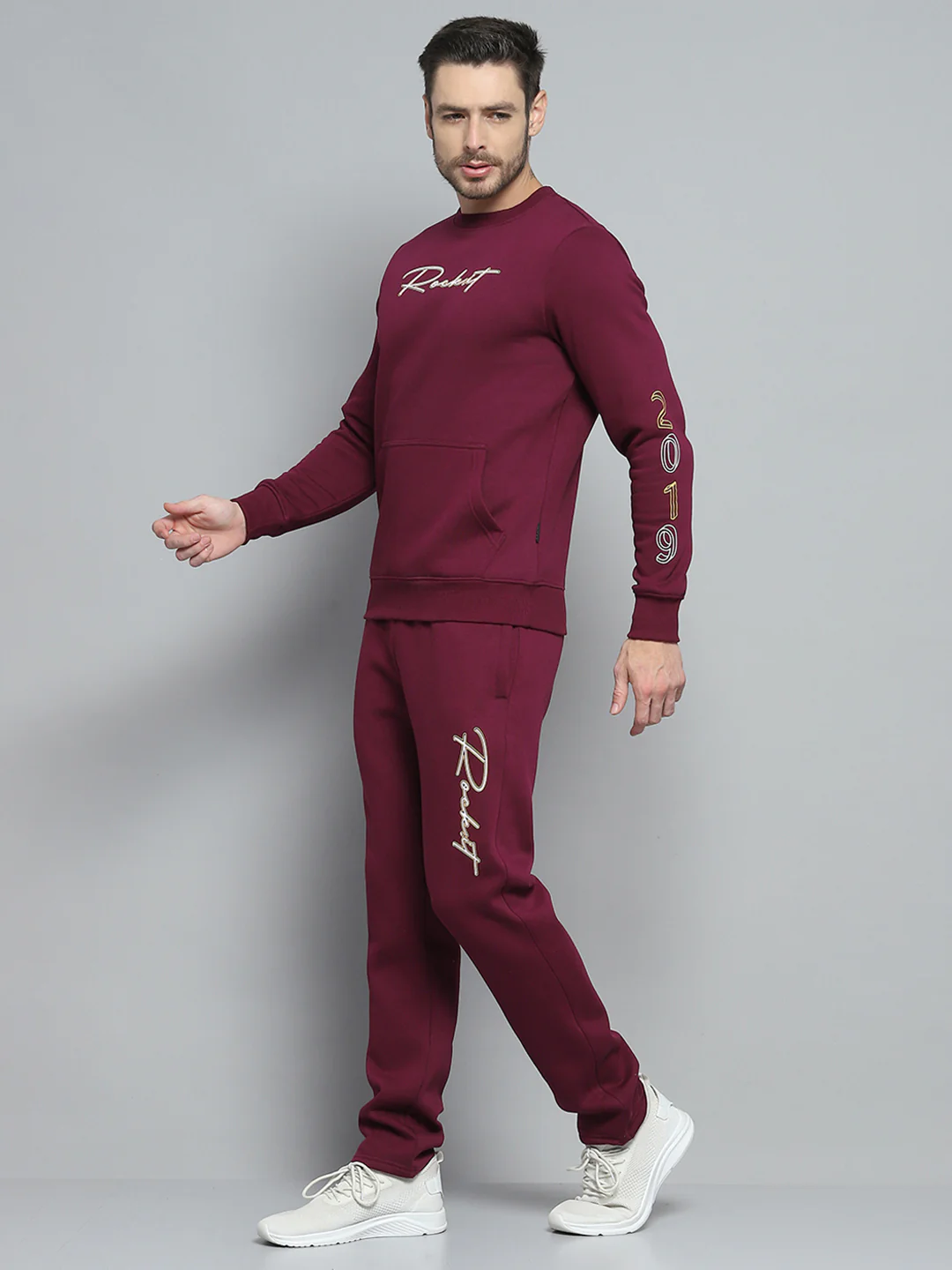 Rock.it Men Maroon Printed Round Neck Full Sleeve Winter Tracksuit - Image 3