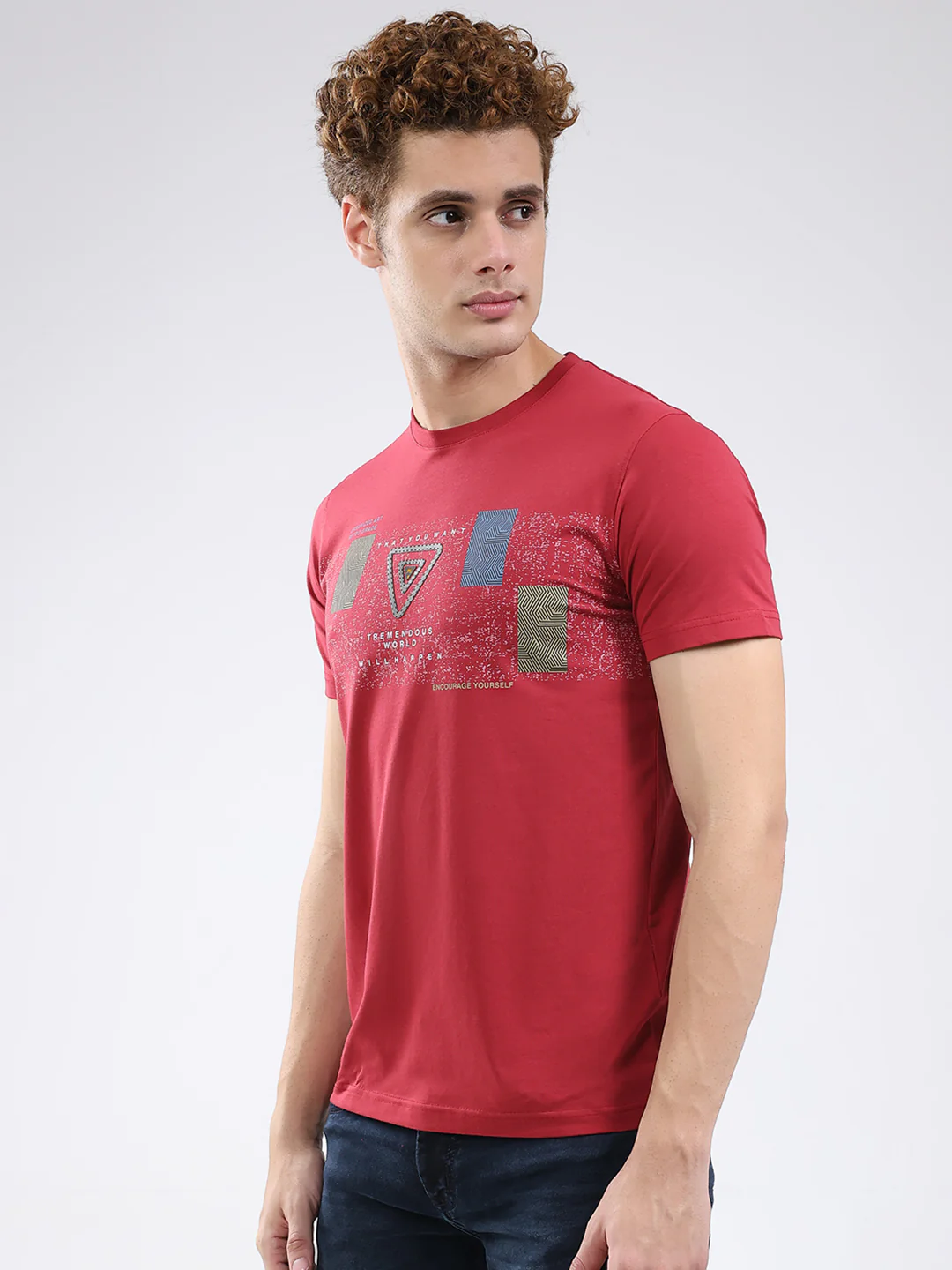 Men Maroon Printed Round Neck Half Sleeve T-Shirt - Image 3