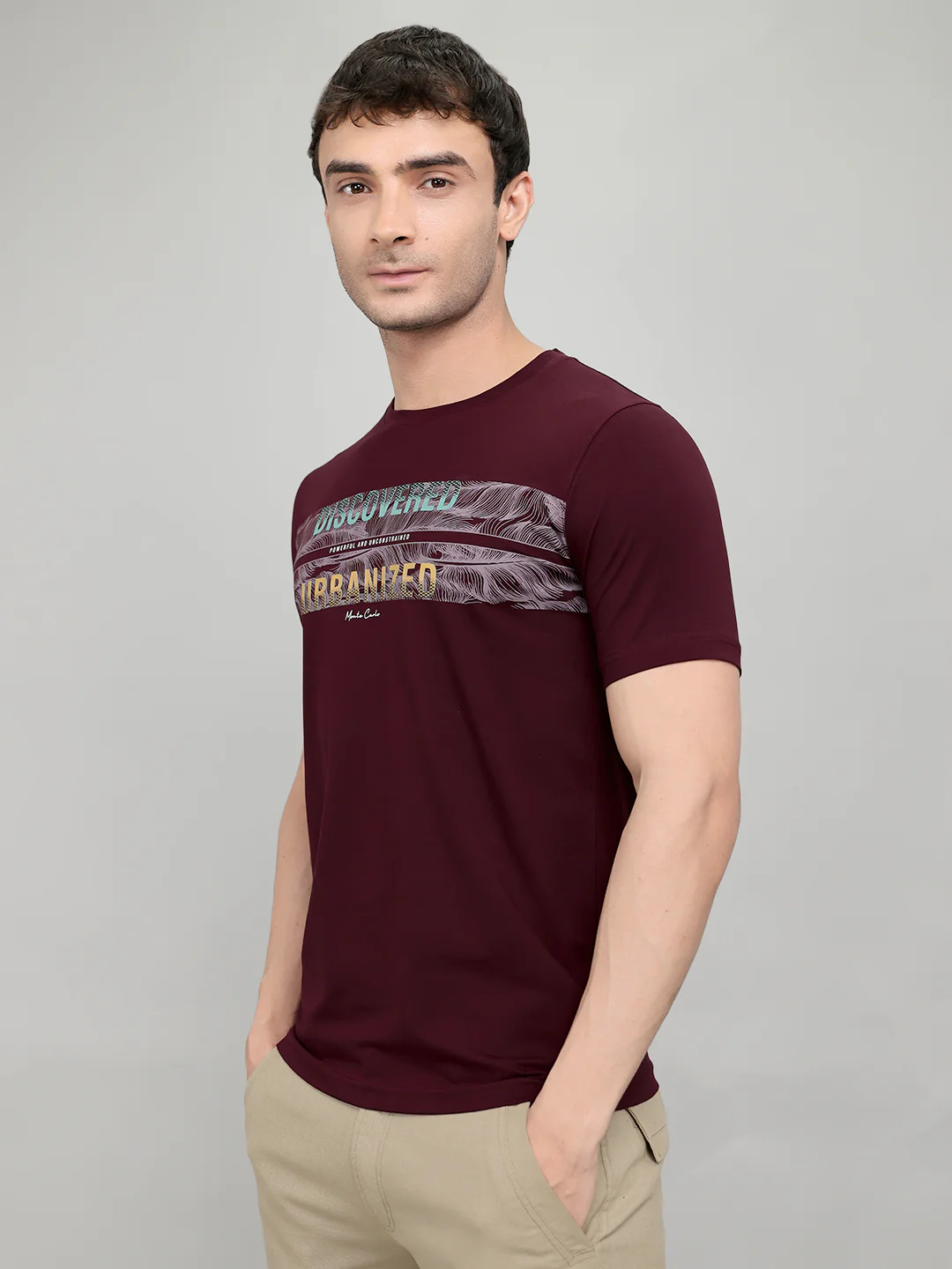Men Maroon Printed Round Neck Half Sleeve T-Shirt - Image 3