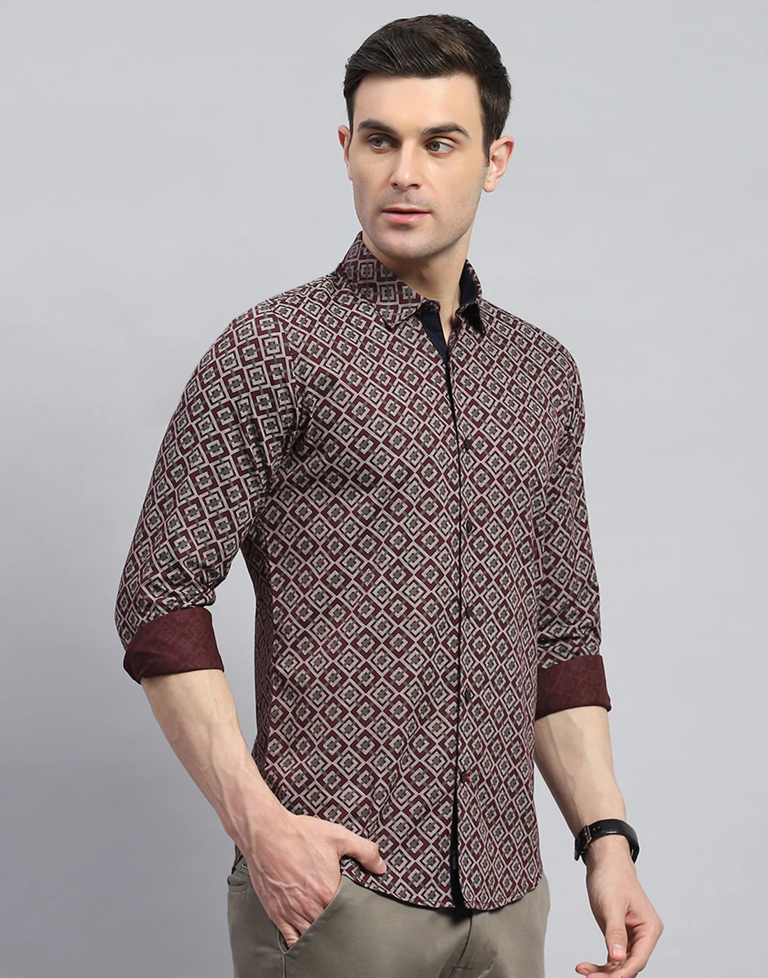 Men Maroon Printed Spread Collar Full Sleeve Shirt - Image 4