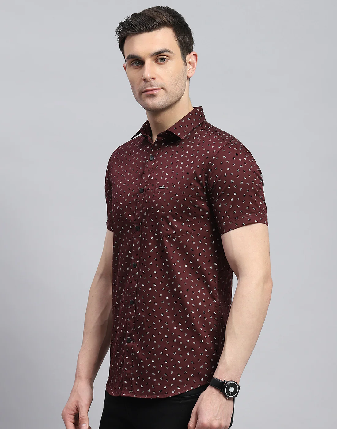 Men Maroon Printed Spread Collar Half Sleeve Shirt - Image 5