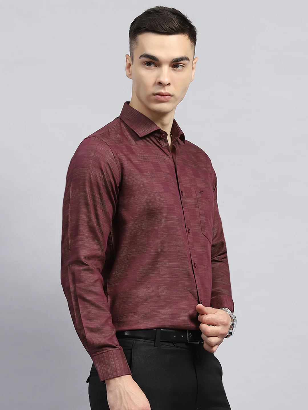 Men Maroon Self Design Collar Full Sleeve Shirt - Image 4