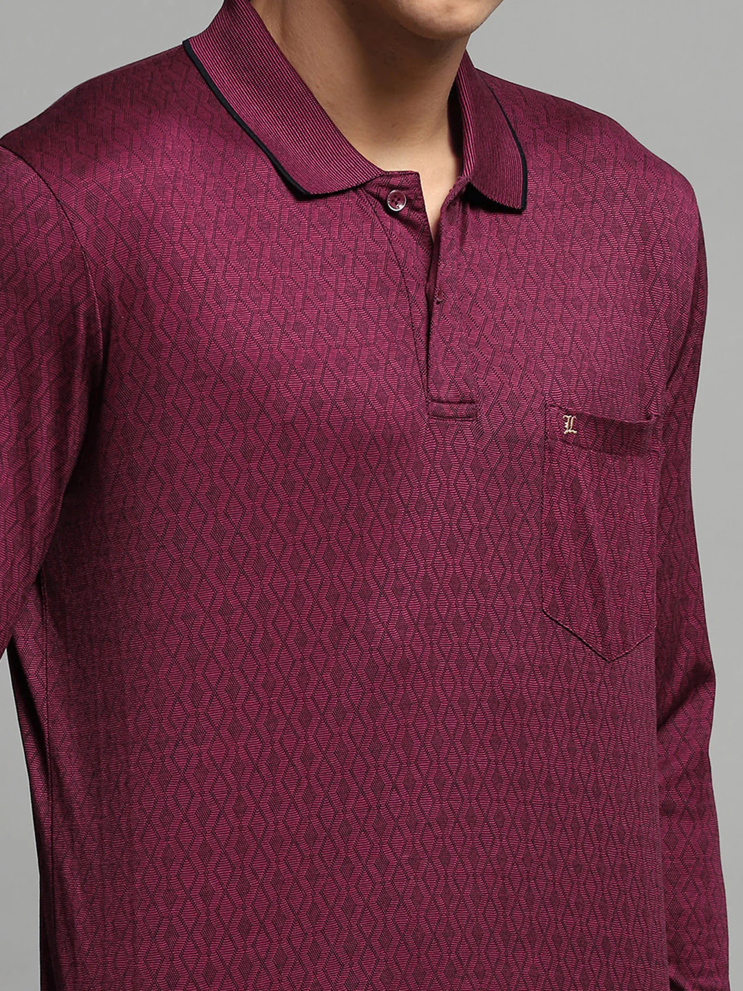 Luxuria Men Maroon Self Design Collar Full Sleeve Winter T-Shirt - Image 6