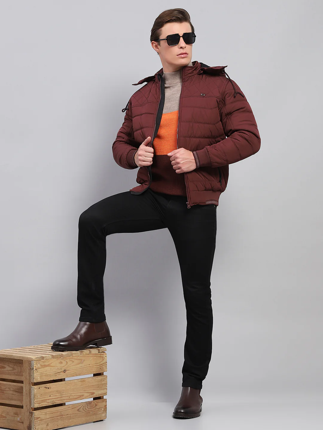 Men Maroon Self Design Detachable Hood Full Sleeve Jacket - Image 2