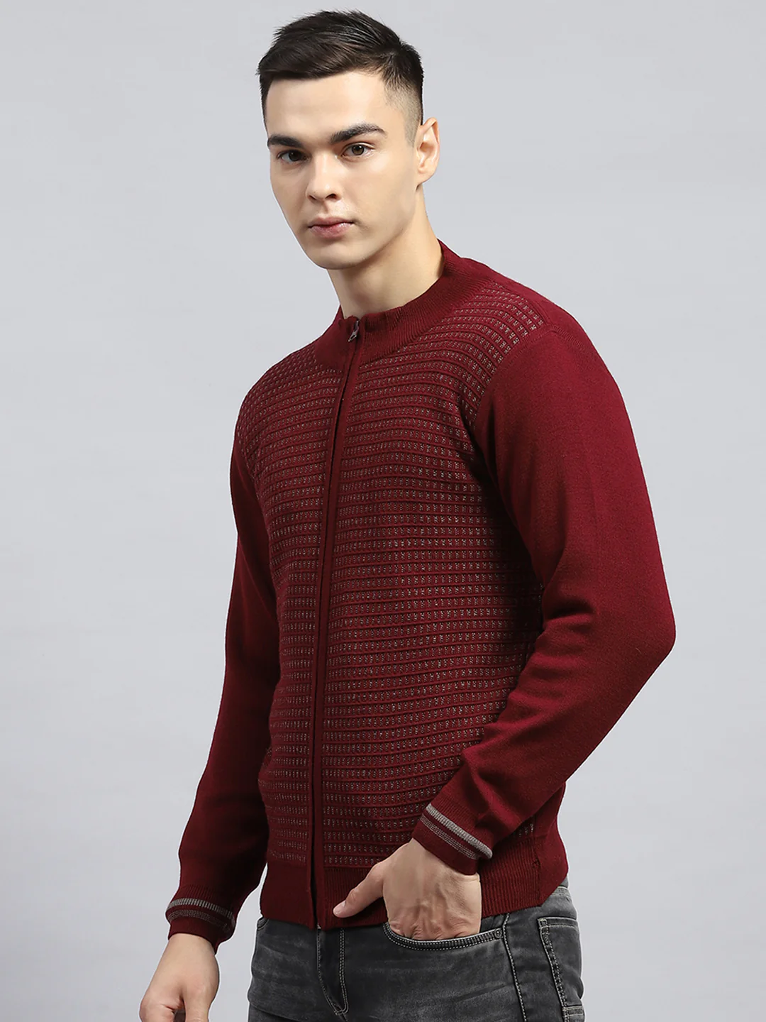 Men Maroon Self Design High Neck Full Sleeve Pullover - Image 3
