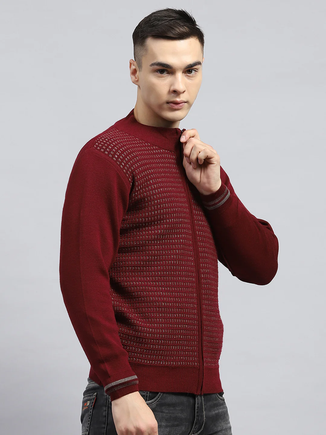 Men Maroon Self Design High Neck Full Sleeve Pullover - Image 4