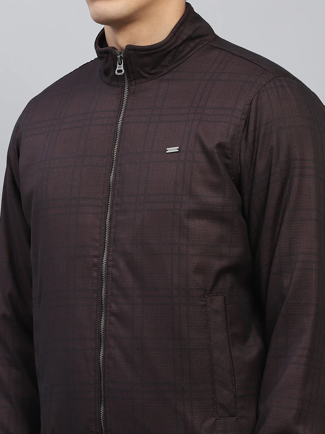 Men Maroon Self Design Mock Neck Full Sleeve Jacket - Image 7