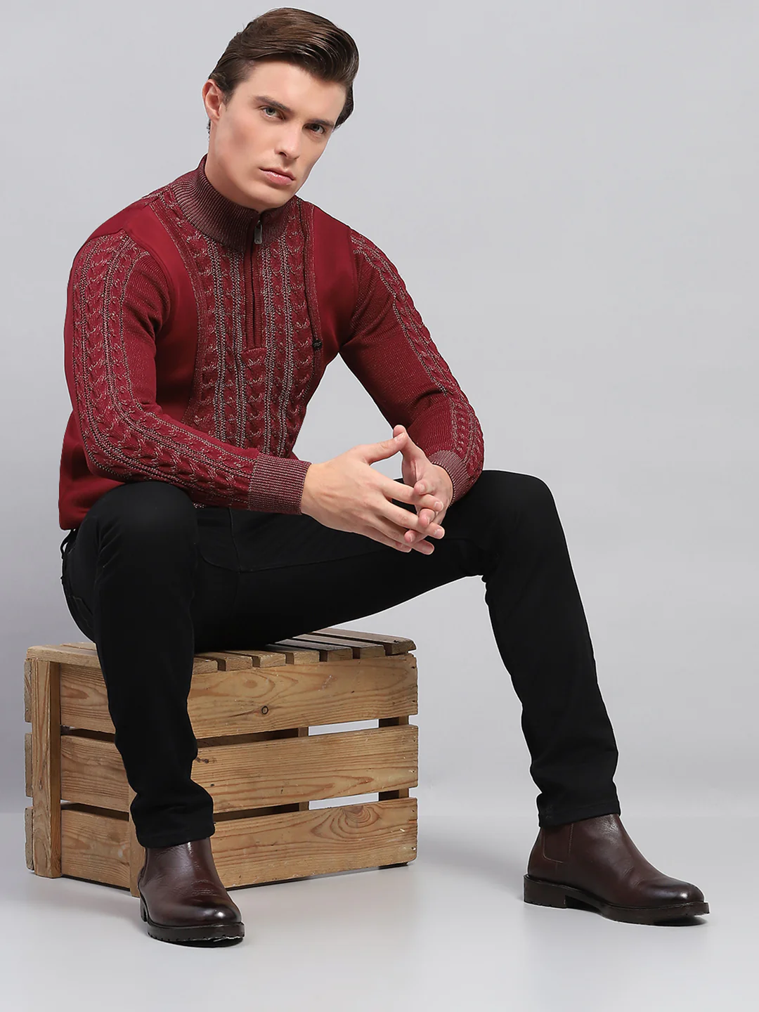 Men Maroon Self Design Mock Neck Full Sleeve Pullover - Image 2