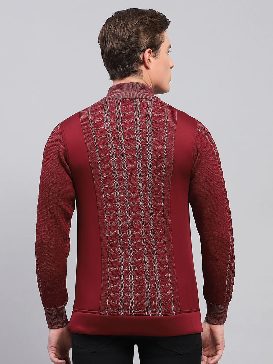 Men Maroon Self Design Mock Neck Full Sleeve Pullover - Image 5