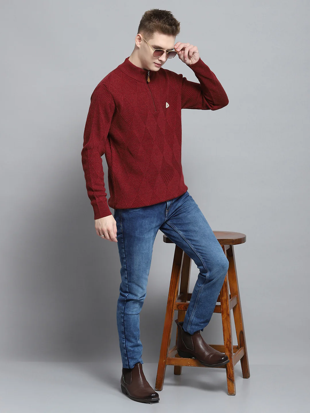 Men Maroon Self Design Mock Neck Full Sleeve Pullover - Image 2
