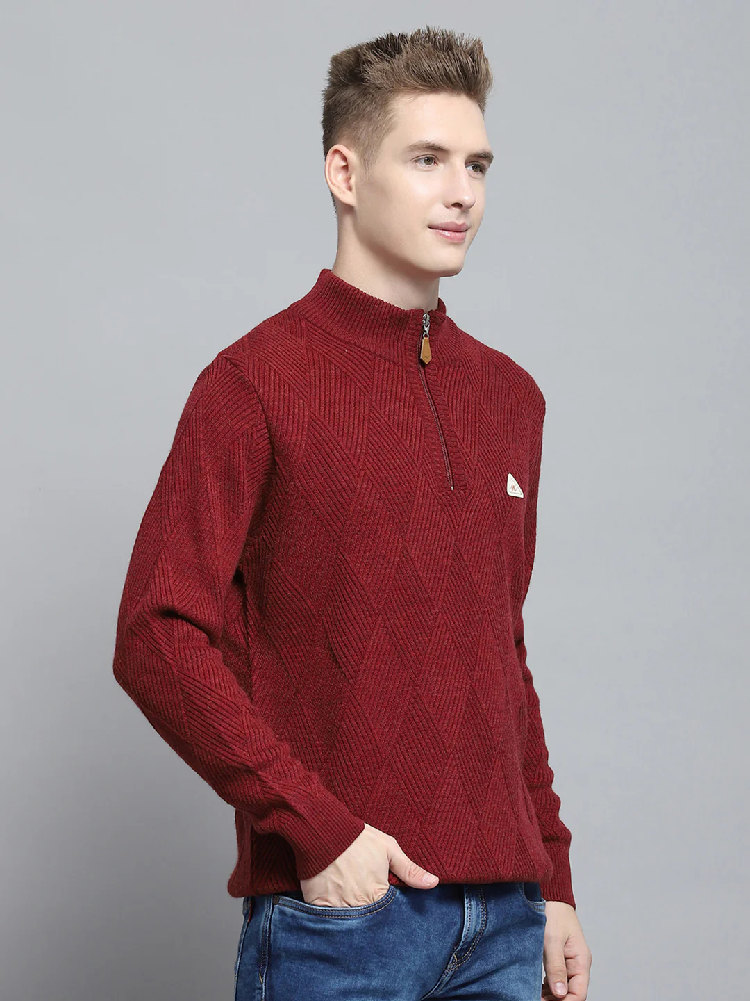 Men Maroon Self Design Mock Neck Full Sleeve Pullover - Image 4