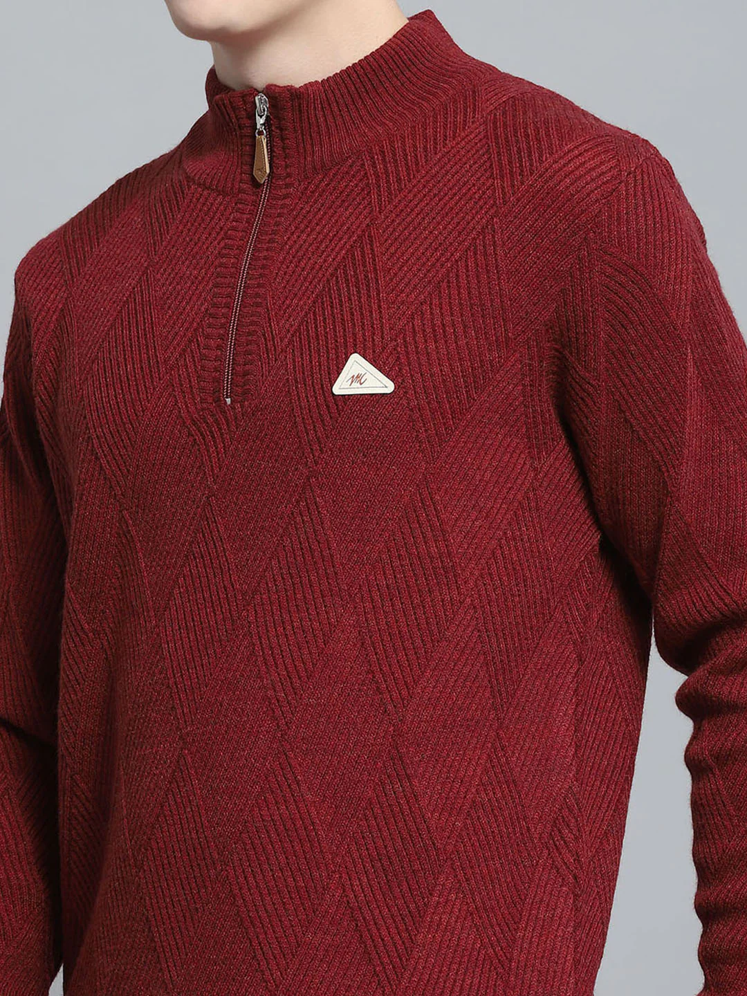 Men Maroon Self Design Mock Neck Full Sleeve Pullover - Image 6