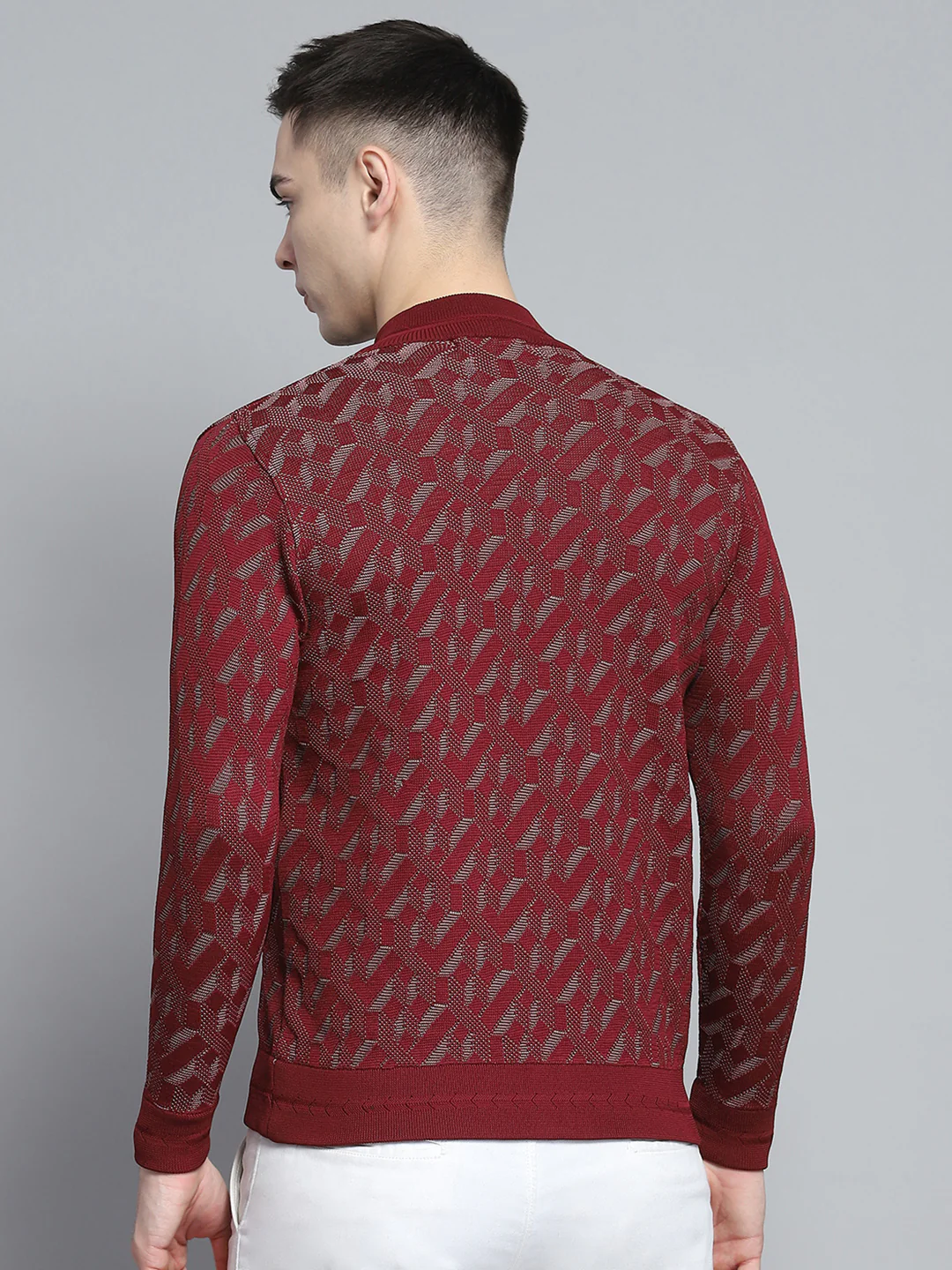 Men Maroon Self Design Mock Neck Full Sleeve Pullover - Image 5