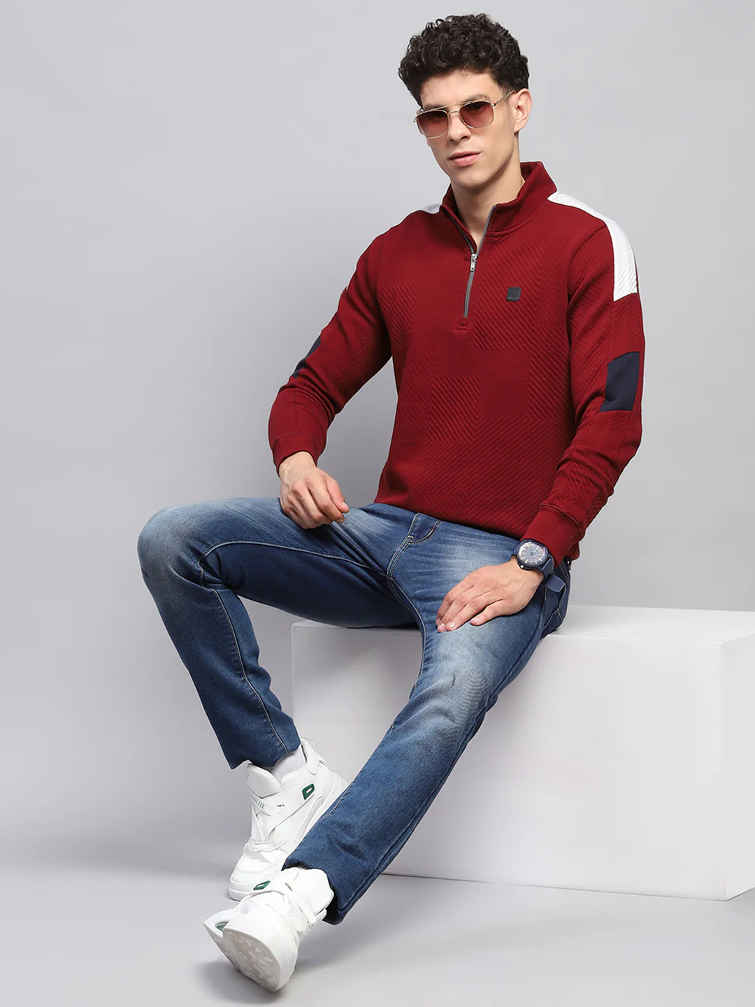Men Maroon Self Design Mock Neck Full Sleeve Winter T-Shirt - Image 2