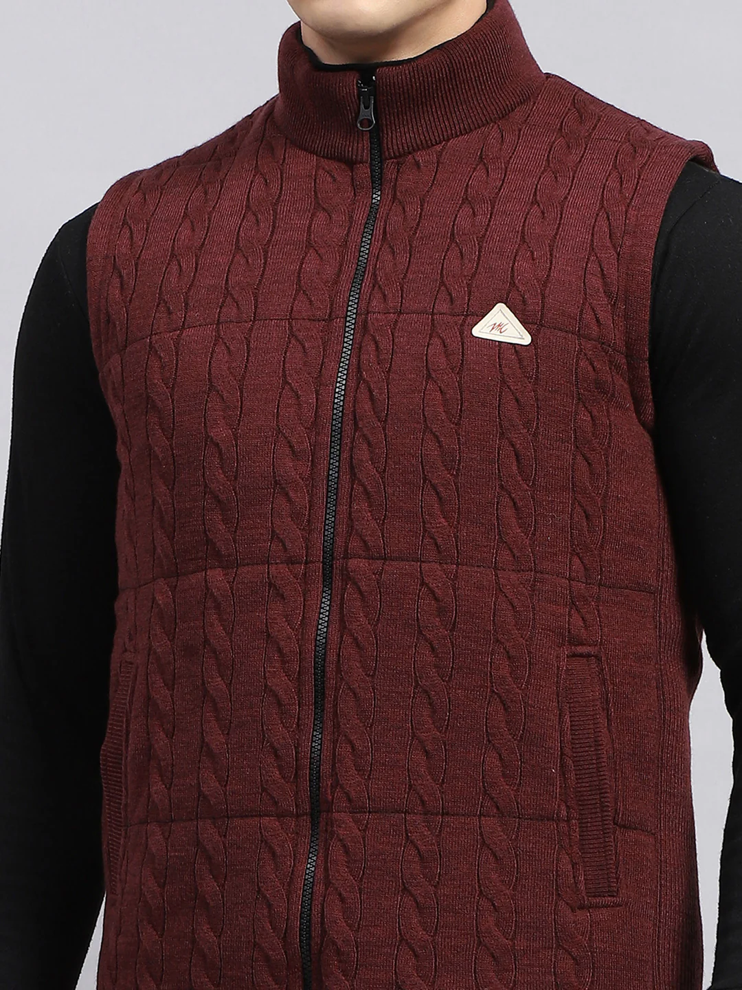 Men Maroon Self Design Mock Neck Sleeveless Jacket - Image 6