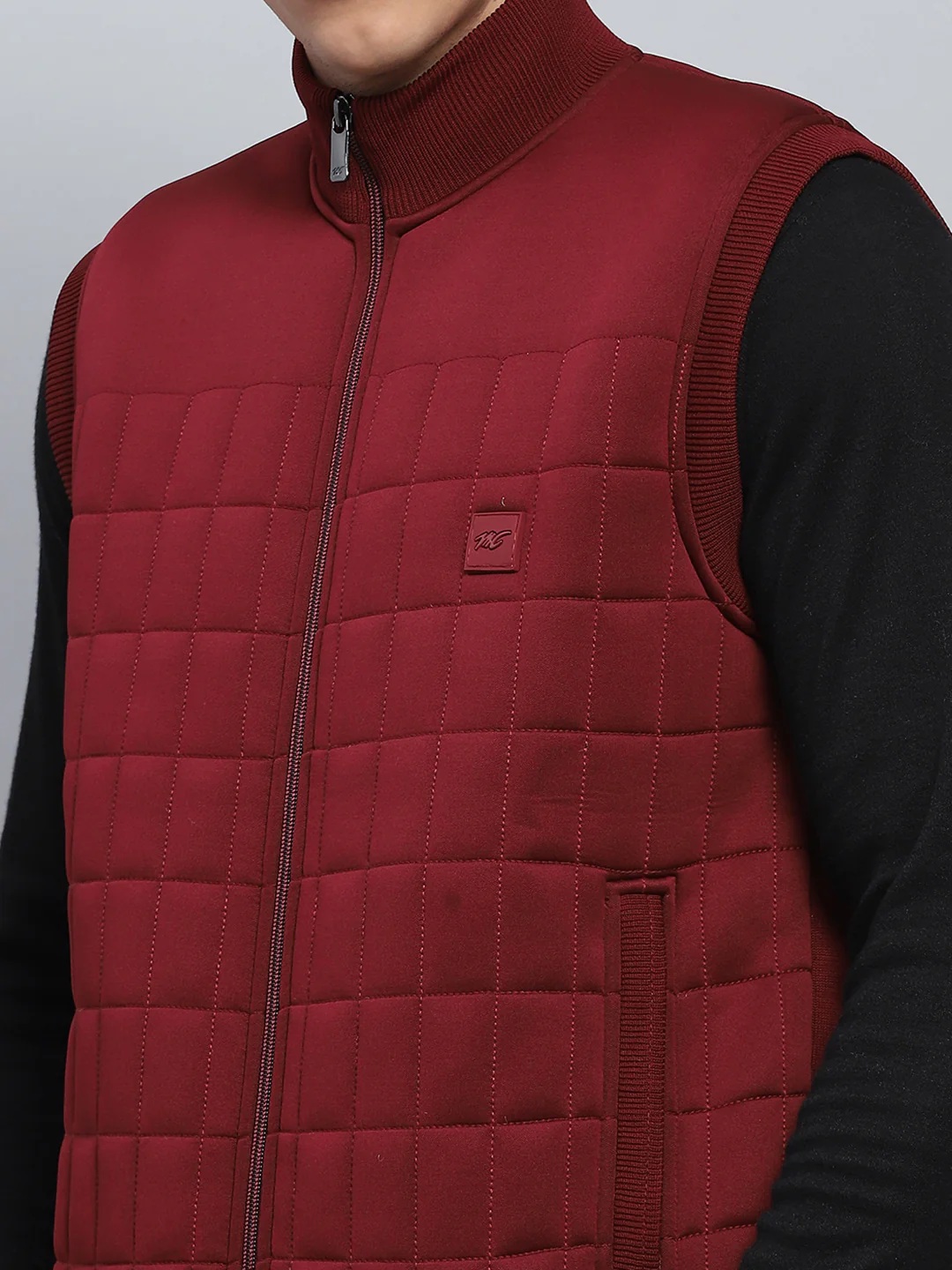 Men Maroon Self Design Mock Neck Sleeveless Jacket - Image 6