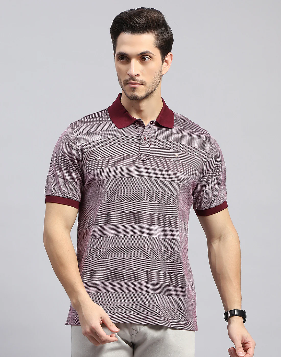 Men Maroon Self Design Polo Collar Half Sleeve T-Shirt - Image 2