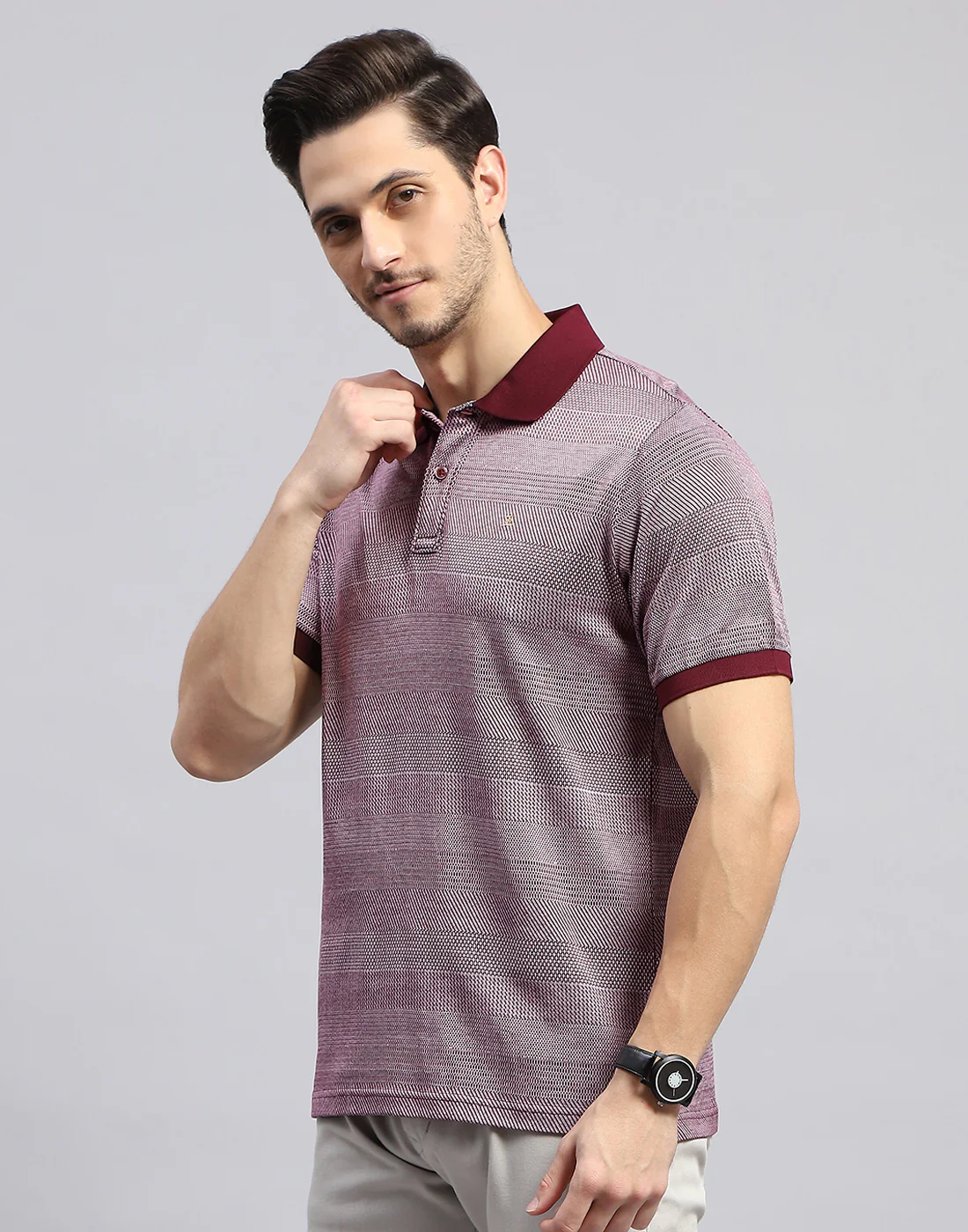 Men Maroon Self Design Polo Collar Half Sleeve T-Shirt - Image 3