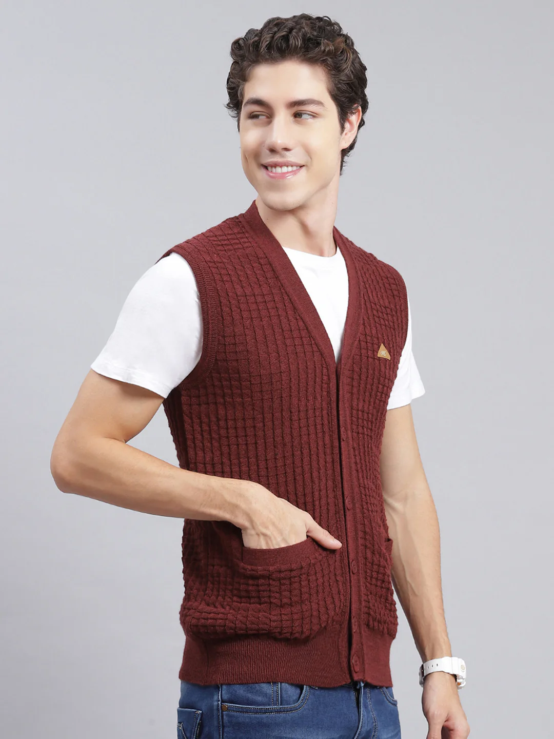 Men Maroon Self Design Pure wool Cardigan - Image 3