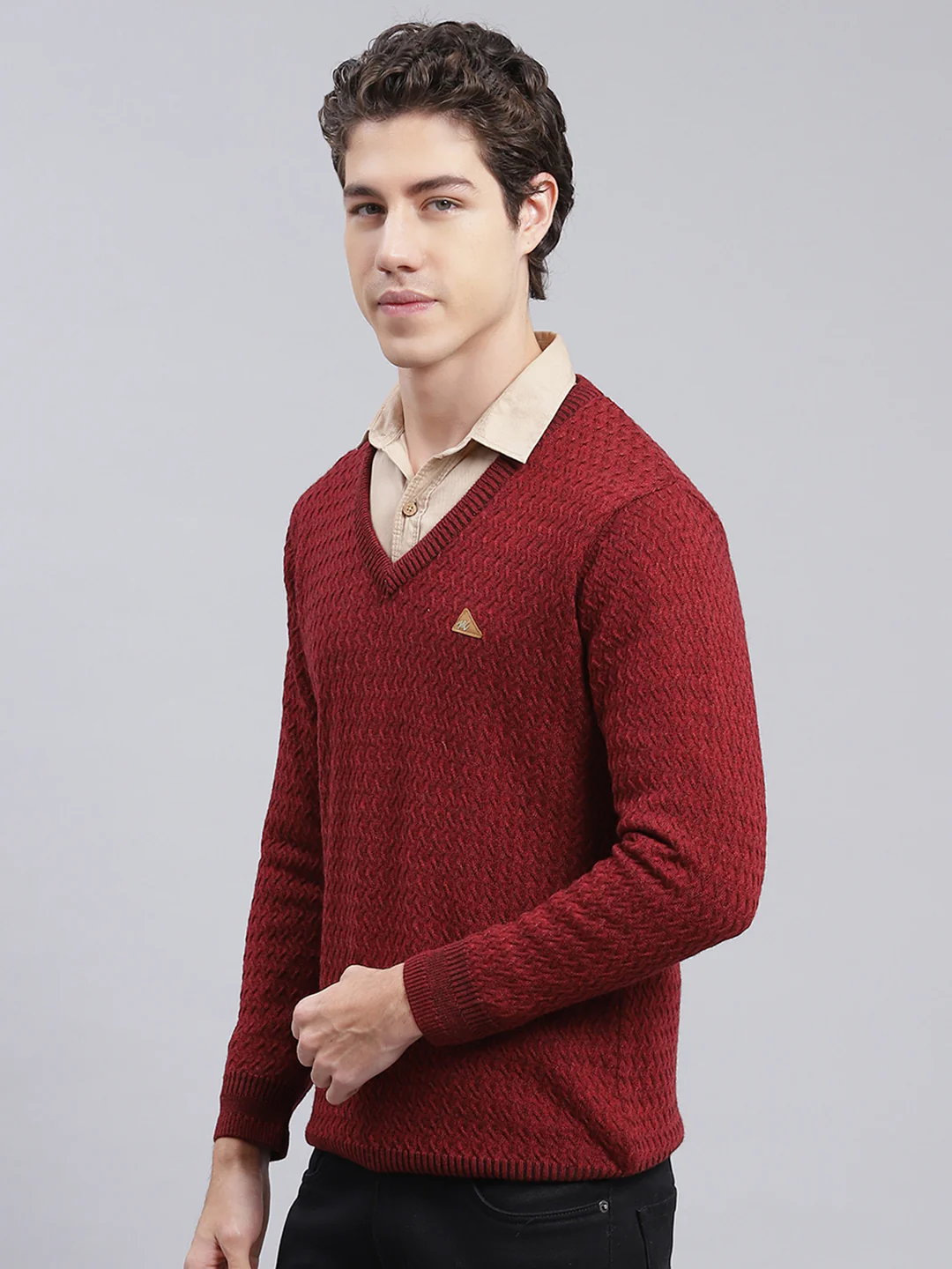 Men Maroon Self Design Pure wool Pullover - Image 3