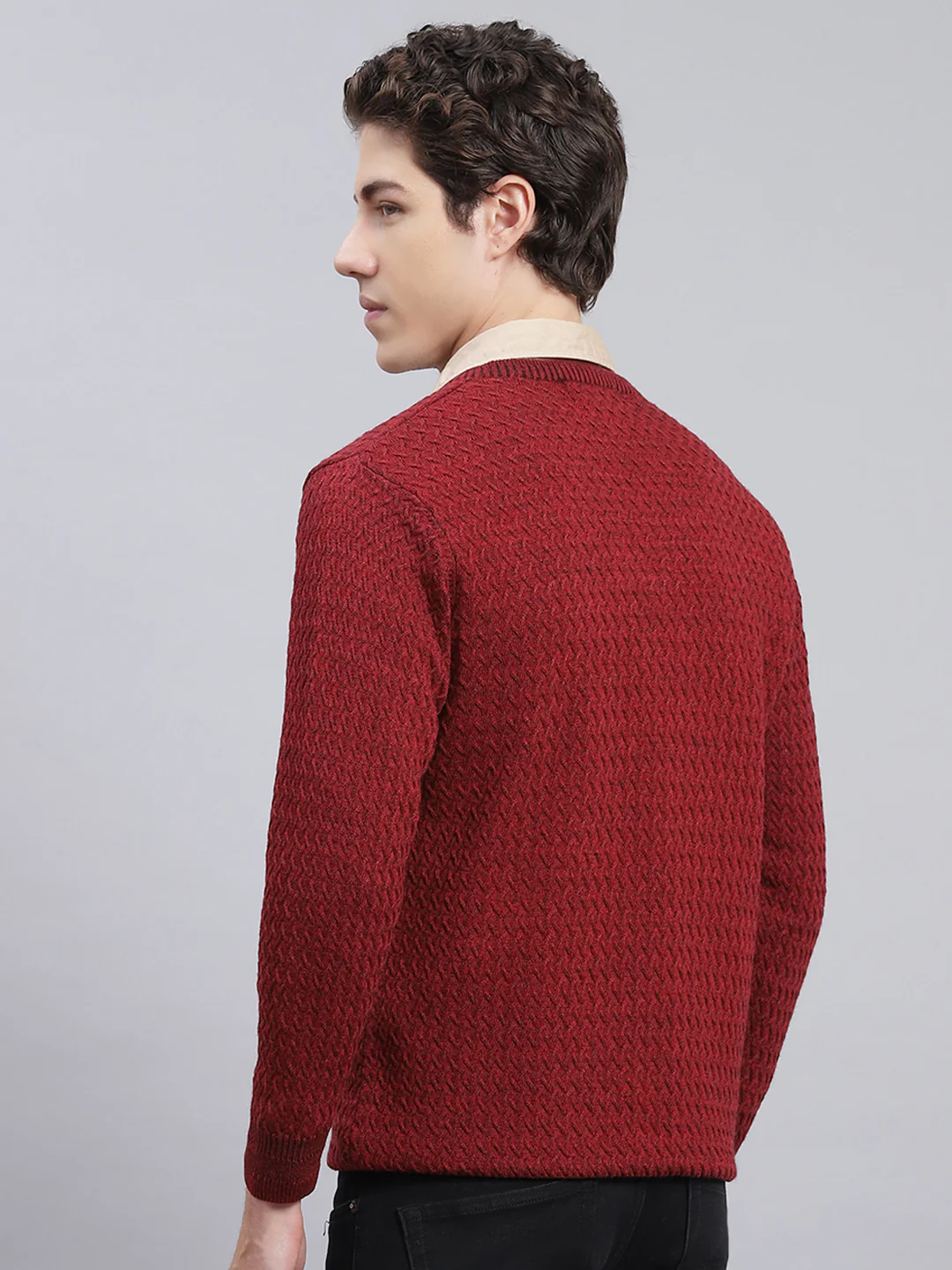 Men Maroon Self Design Pure wool Pullover - Image 4