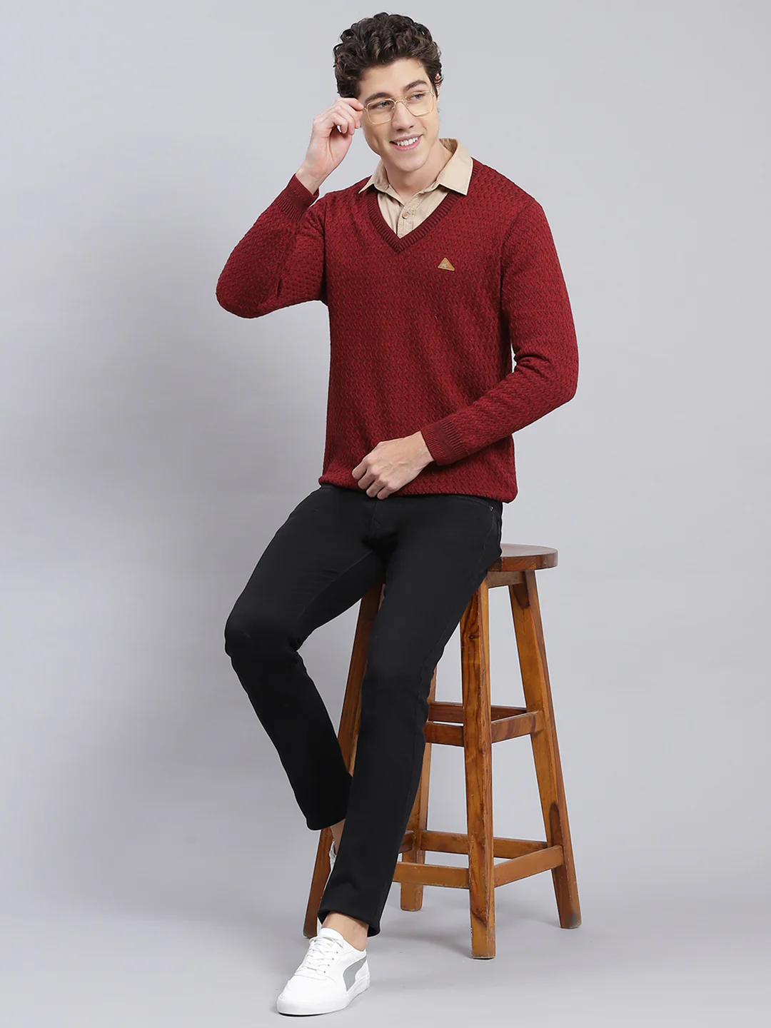 Men Maroon Self Design Pure wool Pullover - Image 5