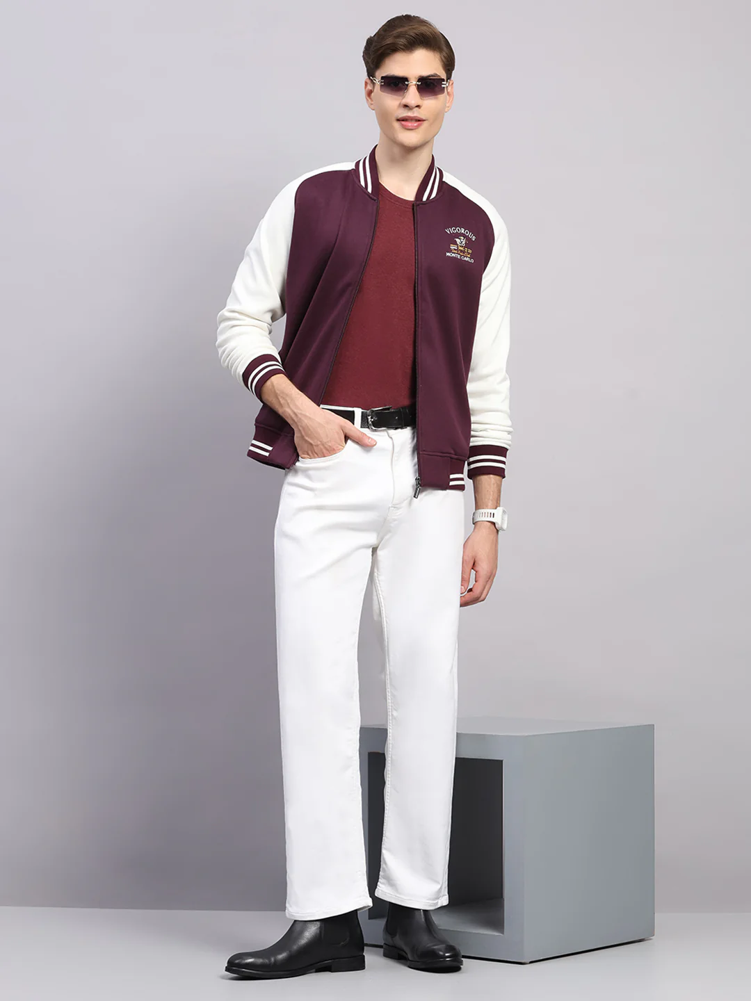 Men Maroon Self Design Ribbed Collar Full Sleeve Sweatshirt Varsity Collection - Image 2
