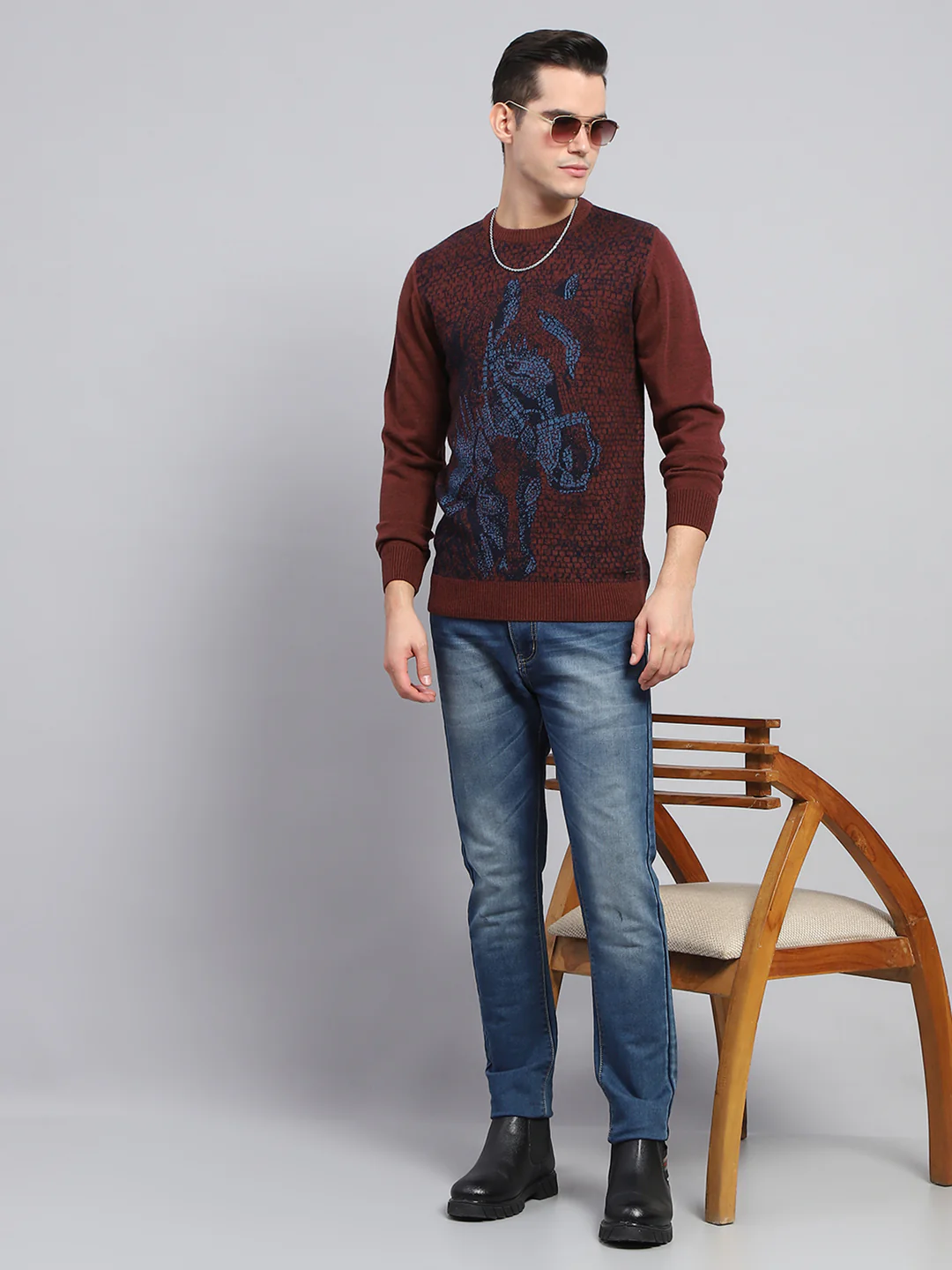 Men Maroon Self Design Round Neck Full Sleeve Pullover - Image 2