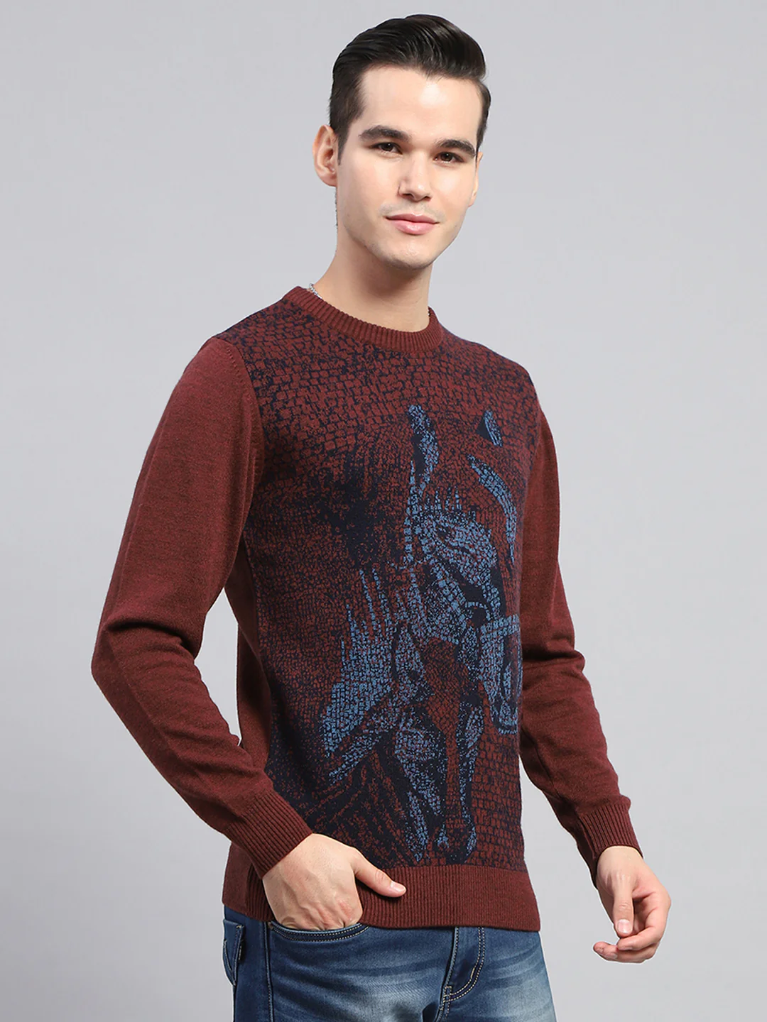 Men Maroon Self Design Round Neck Full Sleeve Pullover - Image 4