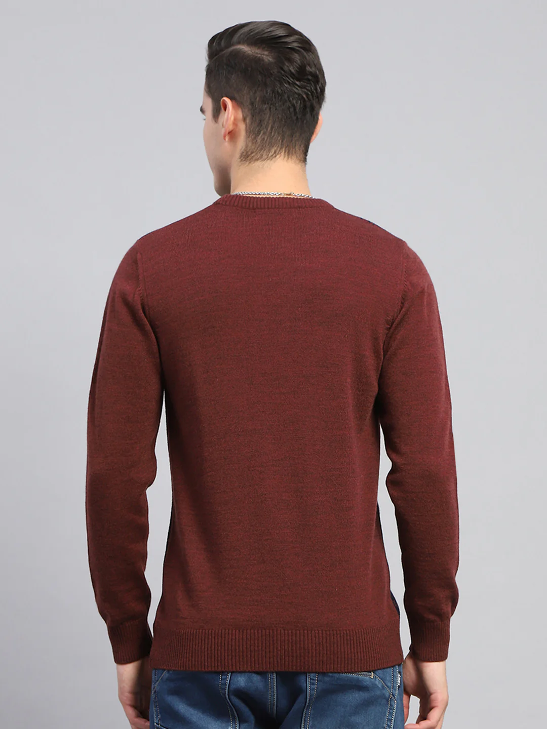 Men Maroon Self Design Round Neck Full Sleeve Pullover - Image 5