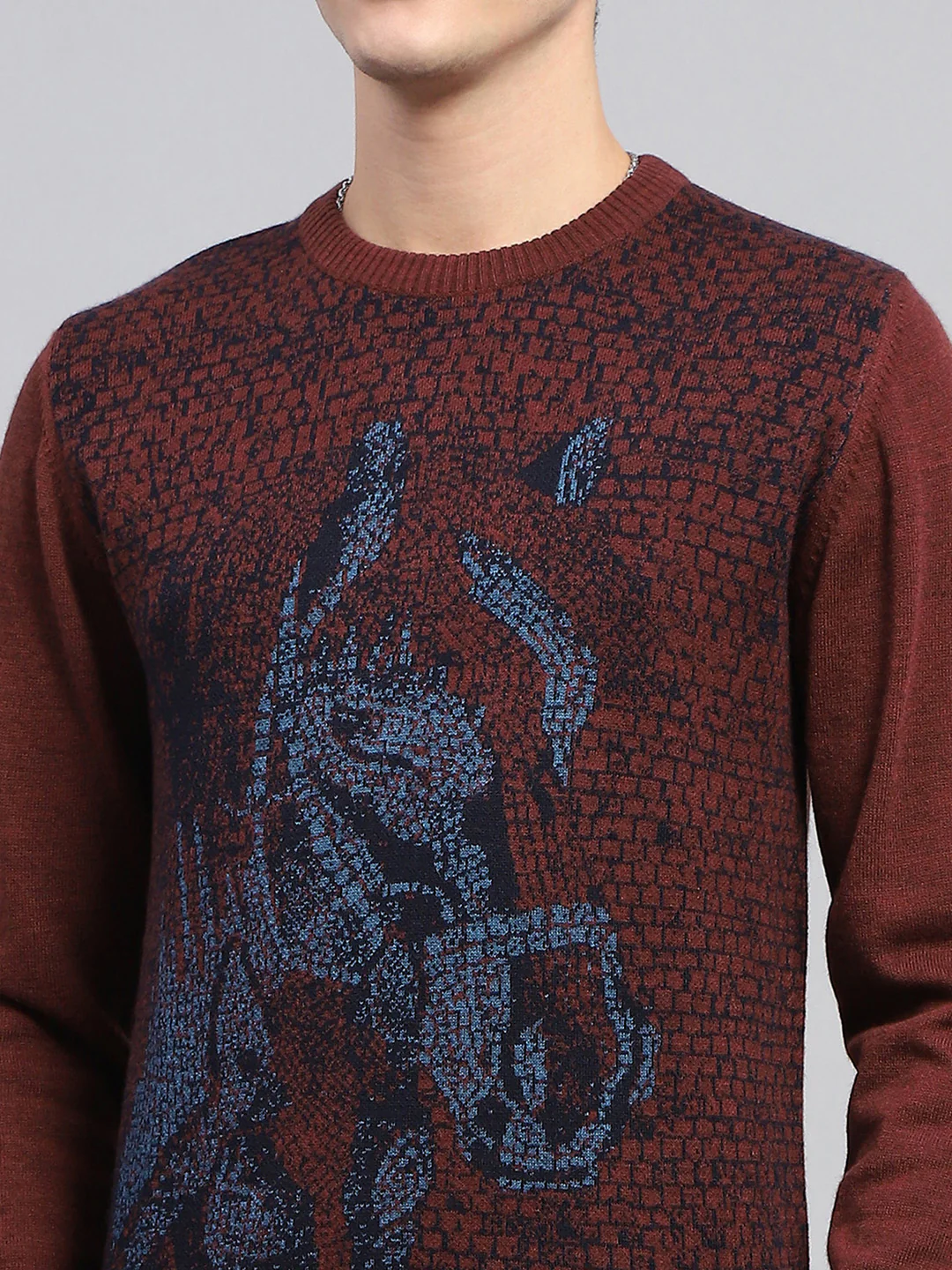 Men Maroon Self Design Round Neck Full Sleeve Pullover - Image 7