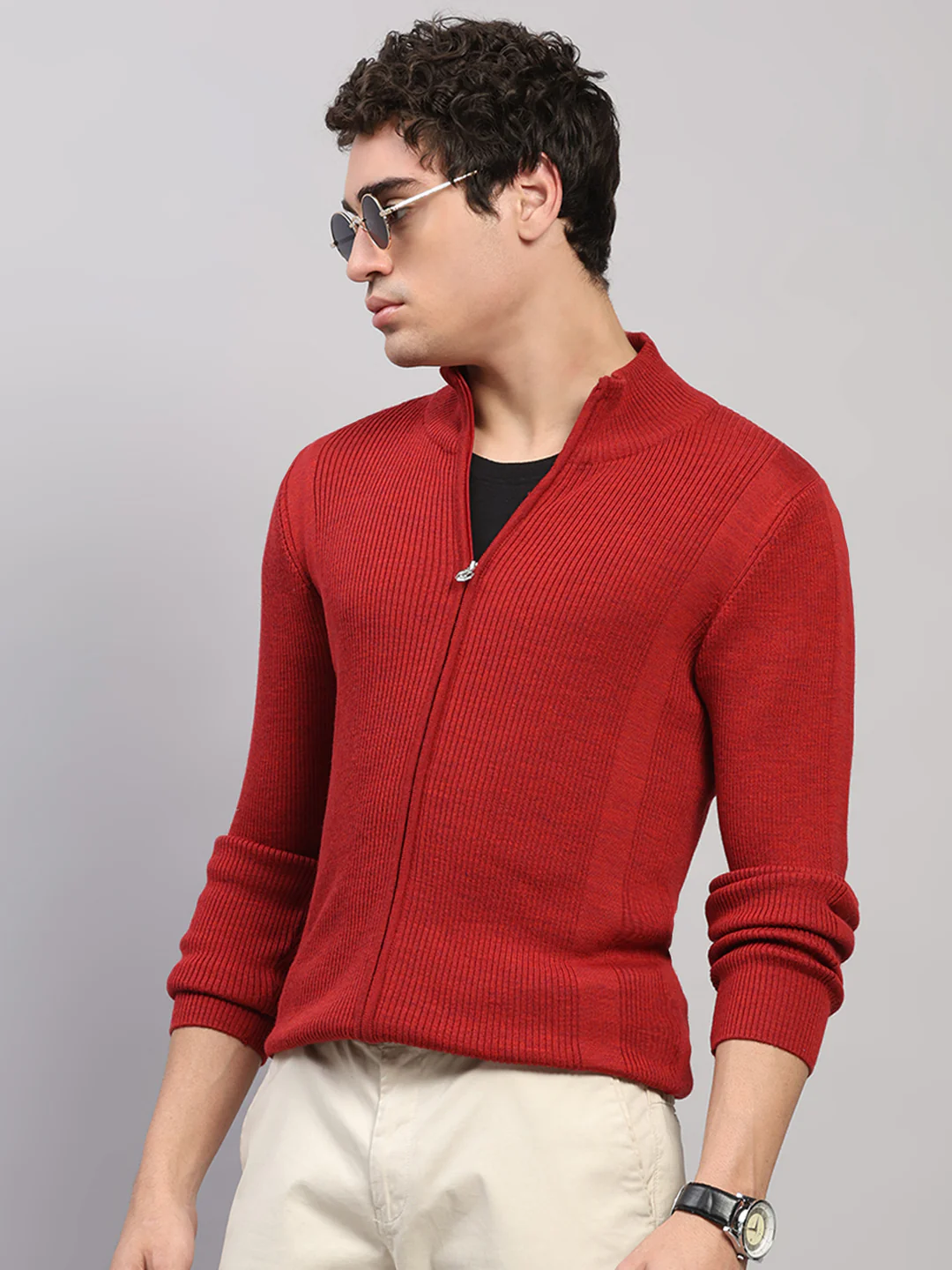 Luxuria Men Maroon Self Design Round Neck Full Sleeve Pullover - Image 3