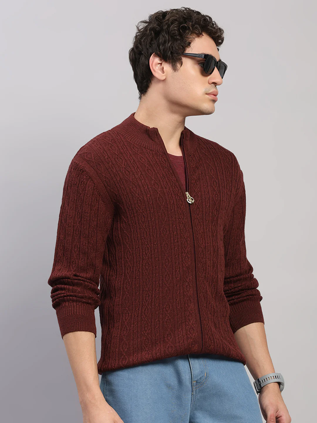 Luxuria Men Maroon Self Design Round Neck Full Sleeve Pullover - Image 3