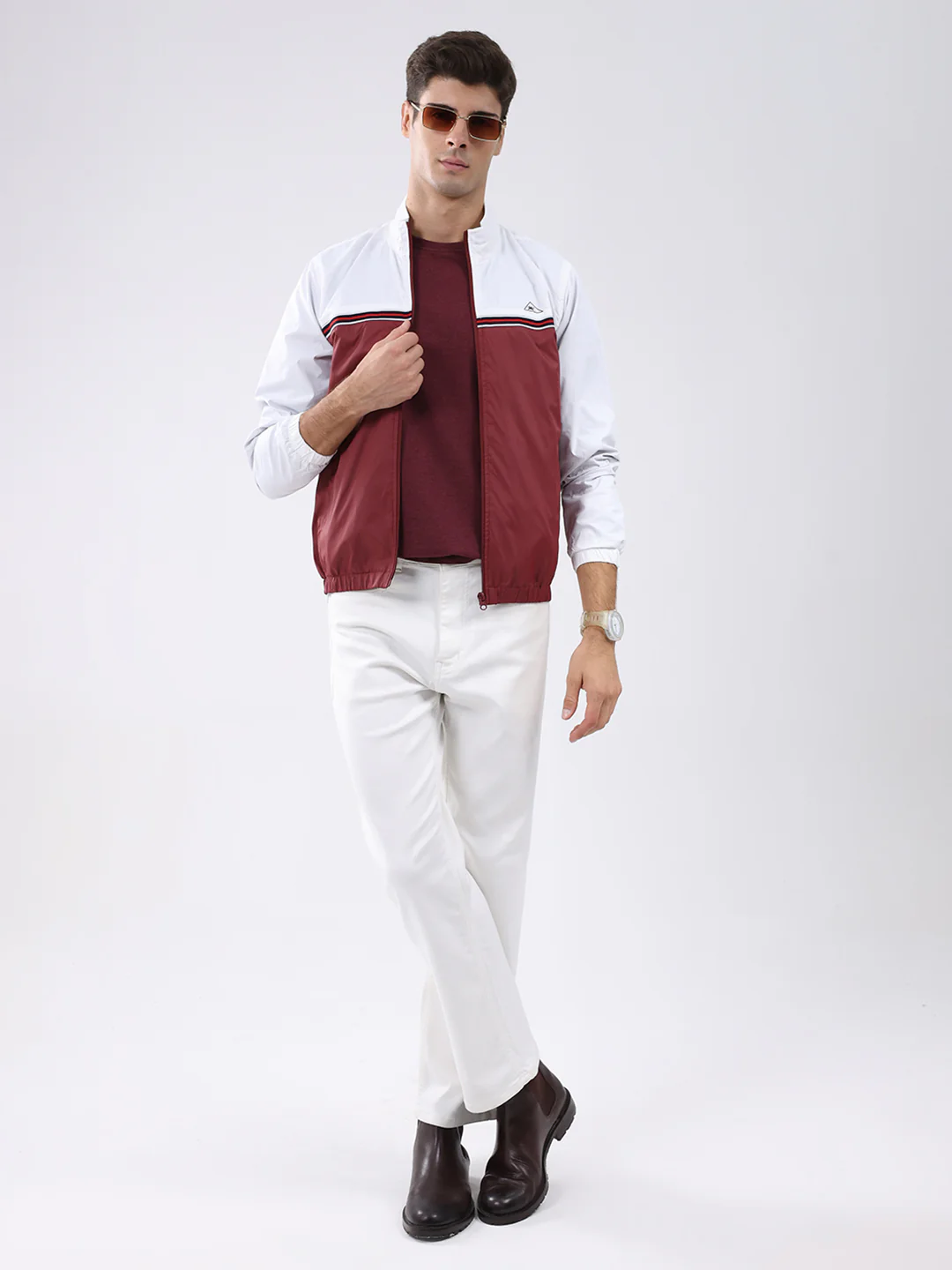 Men Maroon Self Design Stand Collar Full Sleeve Jacket - Image 2