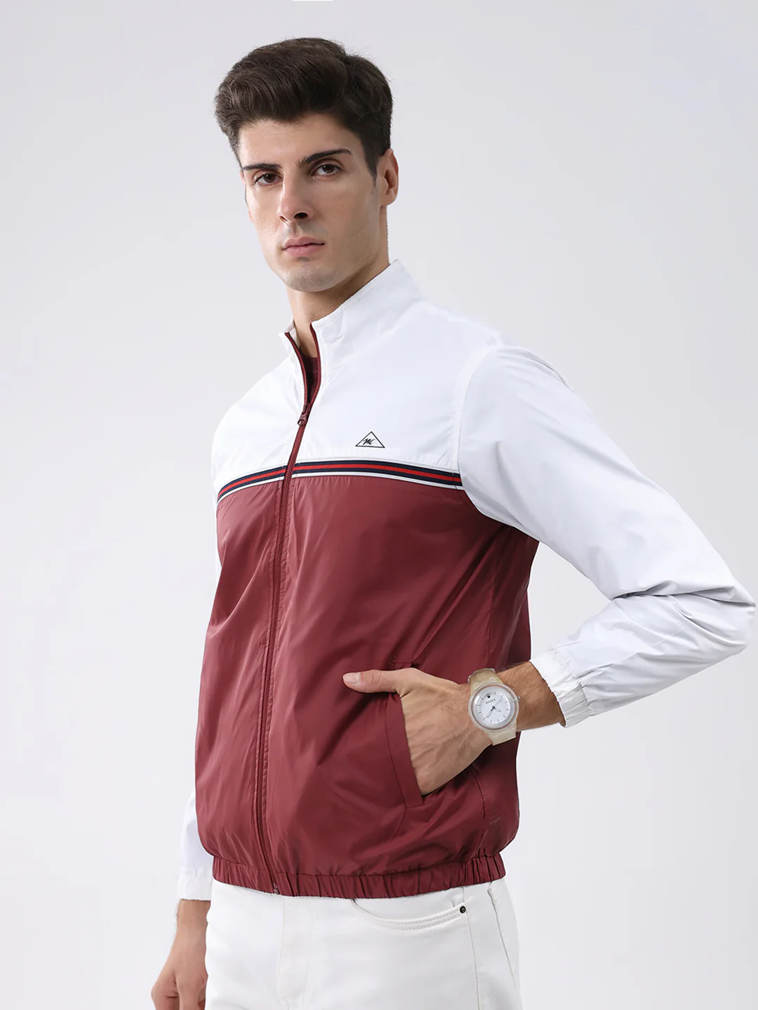Men Maroon Self Design Stand Collar Full Sleeve Jacket - Image 3